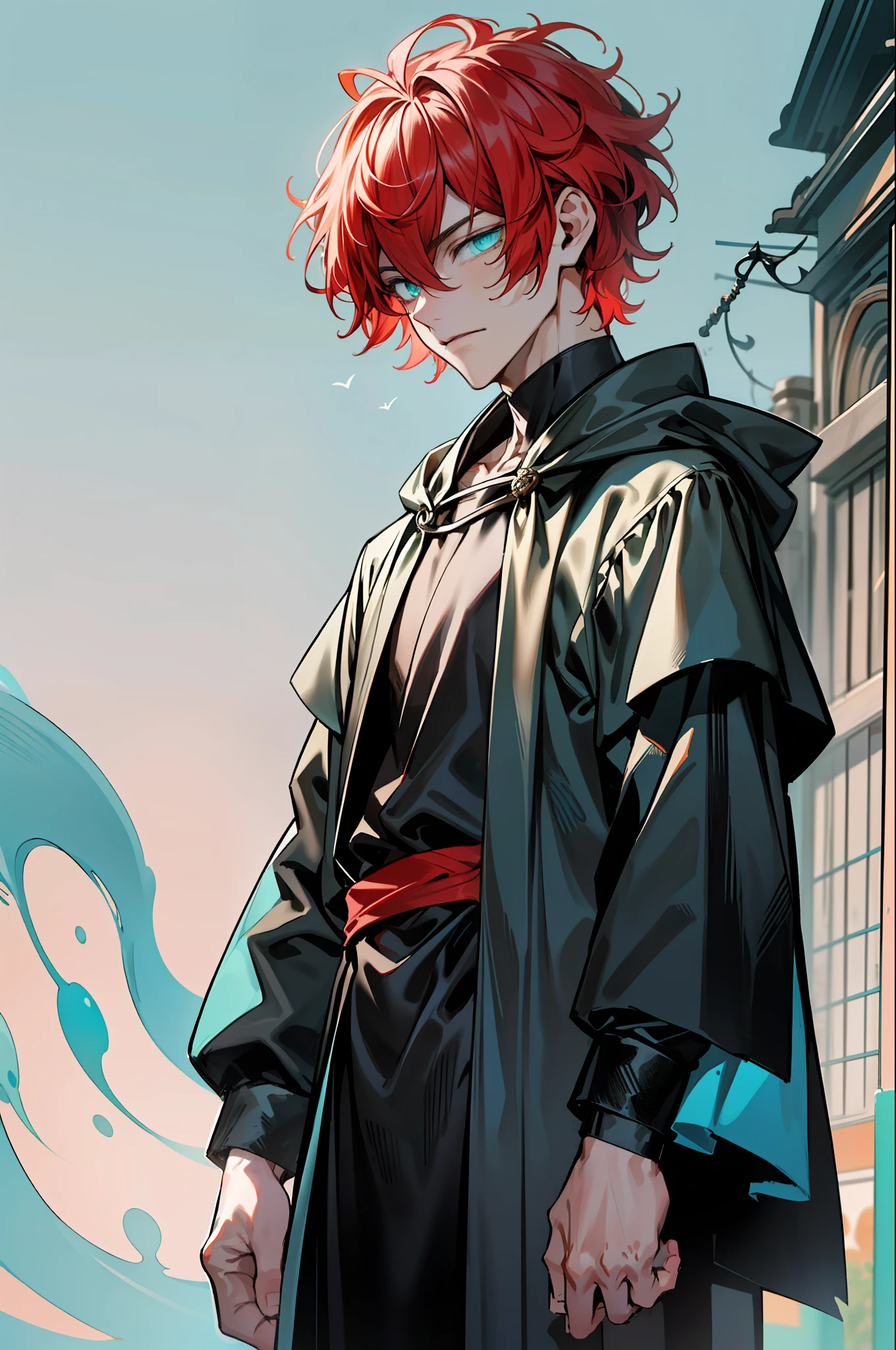 a masterpiece of, 1boy, red hair, combed hair back, pale skin,Cyan eyes, melancholic, goods maga, Dark Robe, Middle Ages, Simple background, sorcerer, The Dark Mage,