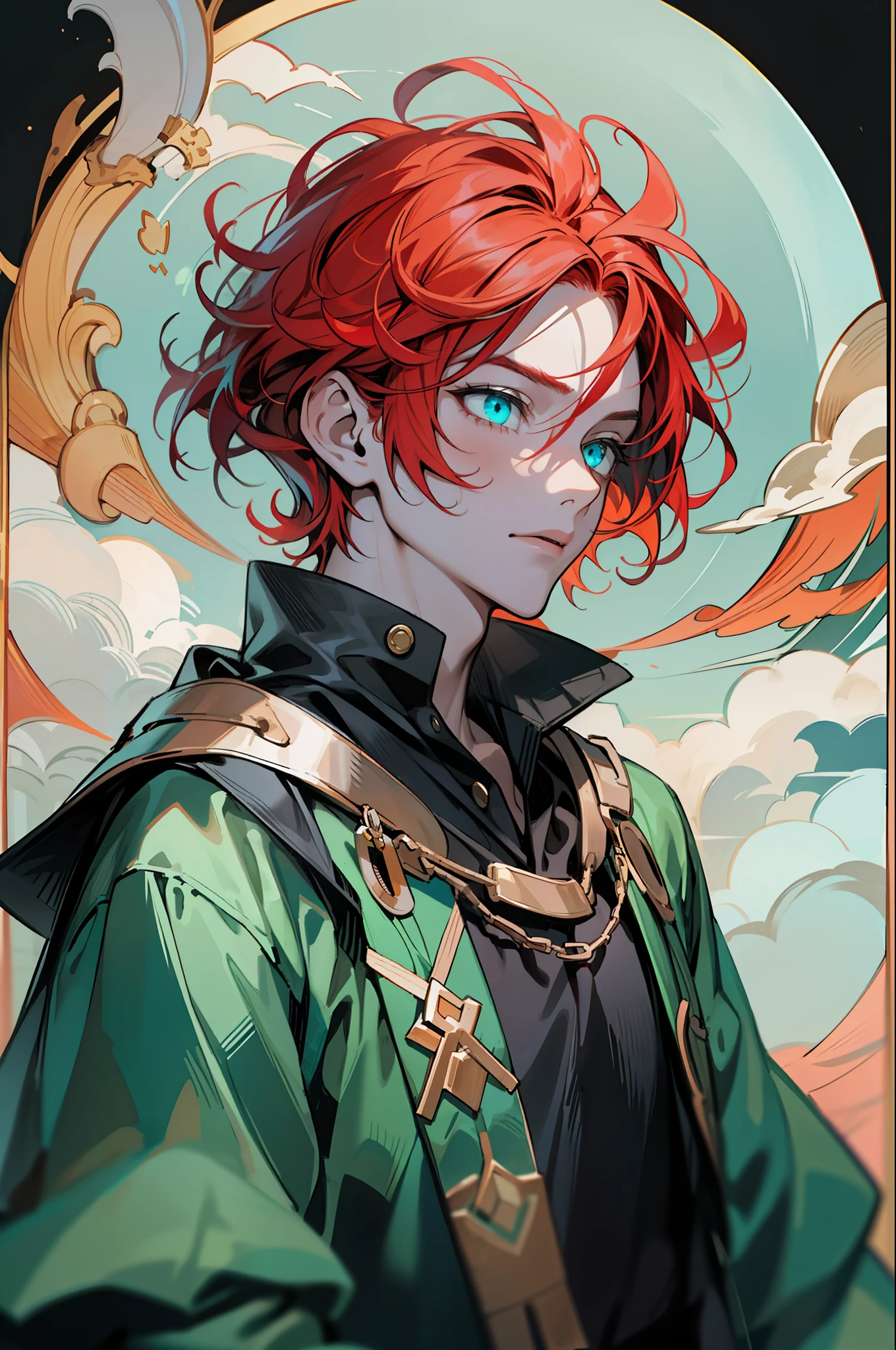 a masterpiece of, 1boy, red hair, combed hair back, pale skin,Cyan eyes, melancholic, goods maga, Dark Robe, Middle Ages, Simple background, sorcerer, The Dark Mage,