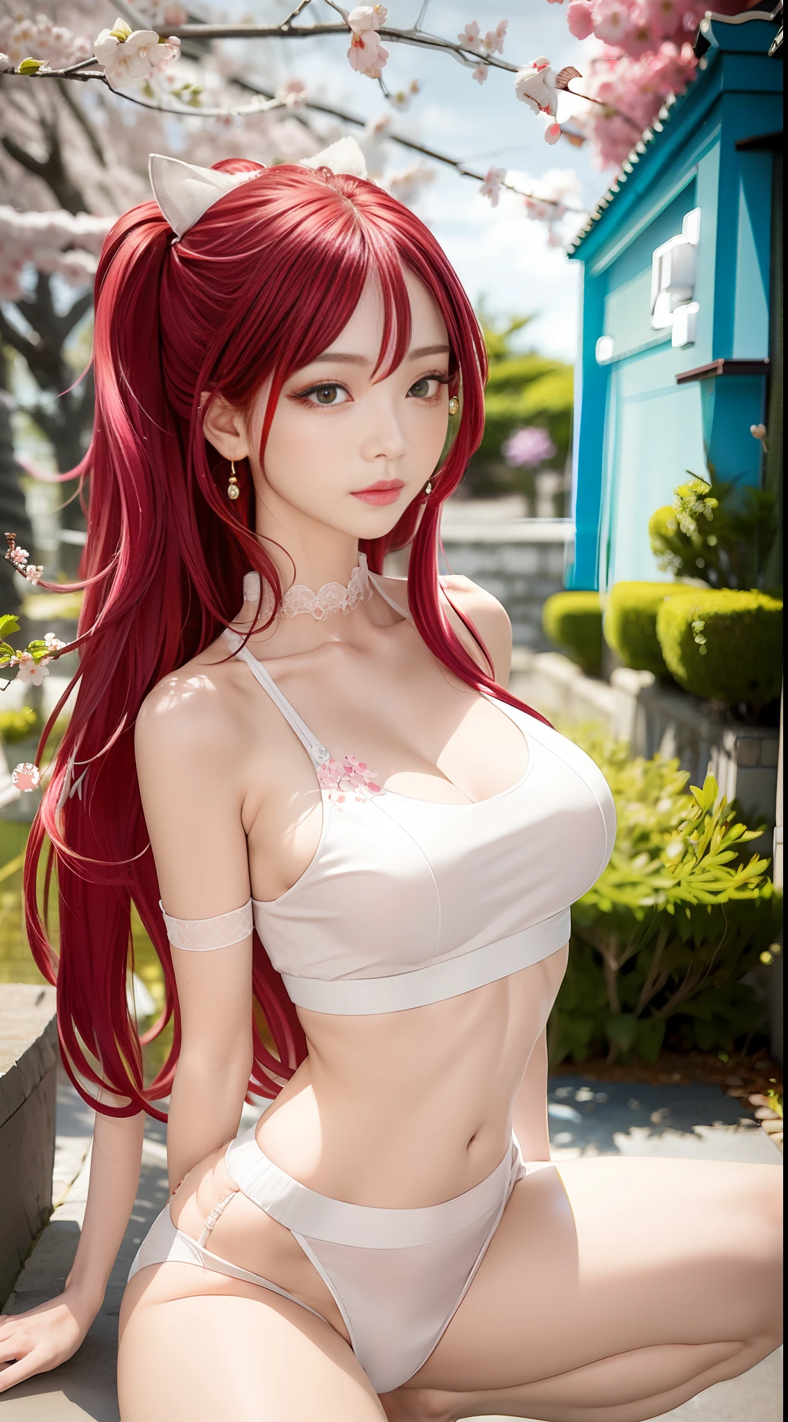 fashion model posing, (Masterpiece, Excellent, 1girl, solo, complex details, color difference), realism, ((medium breath)), off-the-shoulders, , , Yae Miko, long pink hair, red headdress, red highlight, hair above one eye, green eyes, earrings, sharp eyes, perfectly symmetrical figure, choker, neon shirt, open jacket, turtleneck sweater, , brick wall, graffiti, dim lighting, alley, looking at the audience, ((mean, , charming)), ((cherry blossom background))),((Japanese temple background))), (((Glow-in-the-dark background))))High efficiency sub-pixel, subpixel convolution, luminous particles, light scattering, Tyndall effect, , lace edge, lace ,  legs, miniskirt, long legs, thighs, , , split skirt, pink lace trim, upturned , , , , high split cheongsam, coquettish type, charming, shy, , , big  leaking, bursting , , , tall figure, white skin and beautiful skin, white hair, fat , fat , big , , nothing worn, especially short clothes,  waist, , riotous look, loose long hair, split legs, half squat, confused, showing between legs