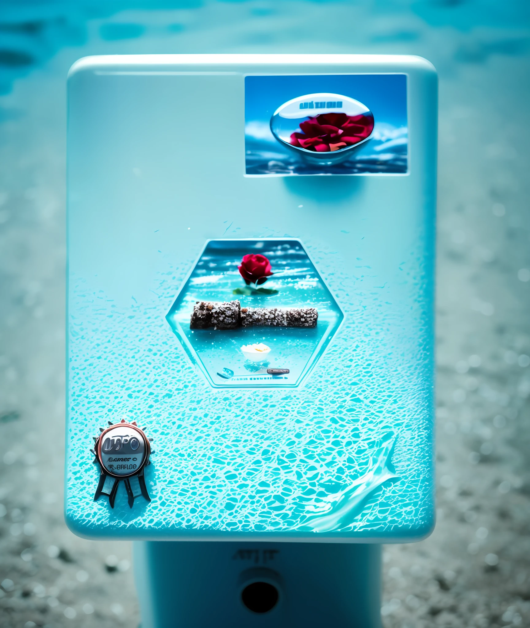 There is a water machine，There are stickers on it，There is a badge on the front, , Product photo, product image, product introduction photos, detailled image, The background is a delicate scene，depth of fields，8K，The ivory sky，White clouds，The sun shines on the snow-white sand。The coral sea，There are many small colorful shells on the beach，red rose，Rose flower，