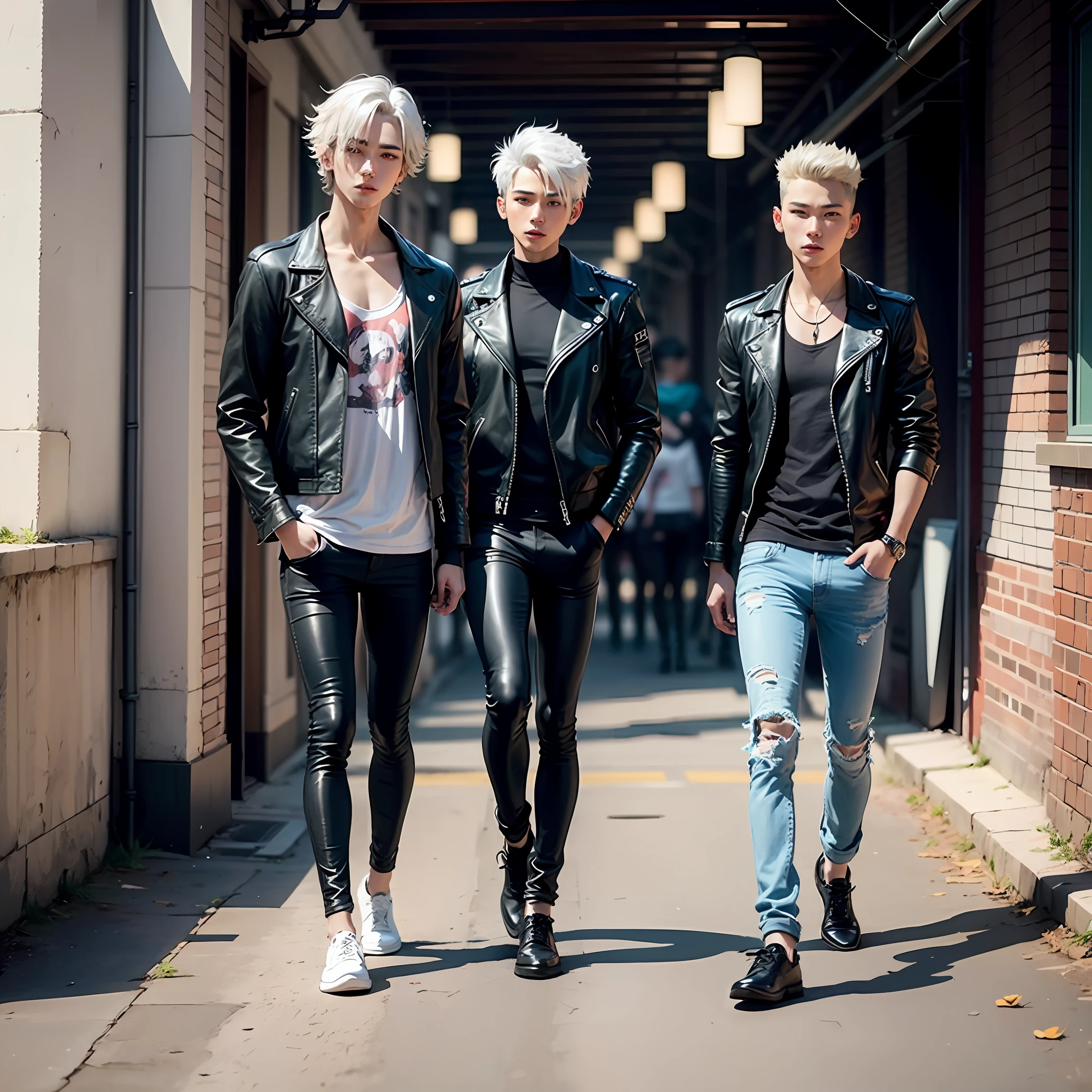 1 beautiful boy、19 years、Height 186cm、fullllbody、front facing、Visual kei、Short leather jacket、skinny pants、A white-haired、Long Half Up Wolf Cut --auto