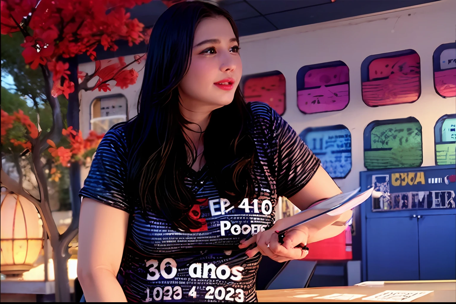 mulher com cabelo vermelho segurando um livro na frente de um mural, 3 0 anos mulher, 4 0 anos, 40 anos, 4 0 - ano - idade, ela tem cerca de 40 anos, ela tem cerca de 4 0 anos, he is! cerca de 3 0 anos de idade, 4 0 anos, by Gina Pellón, anine imagem de perfil