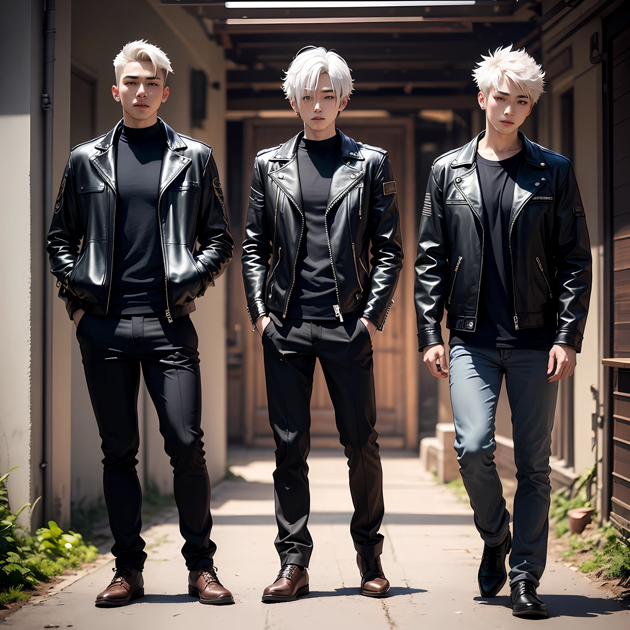 1 beautiful boy、19 years、Height 186cm、fullllbody、front facing、Visual kei、Short leather jacket、skinny pants、A white-haired、Long Half Up Wolf Cut、giant root --auto