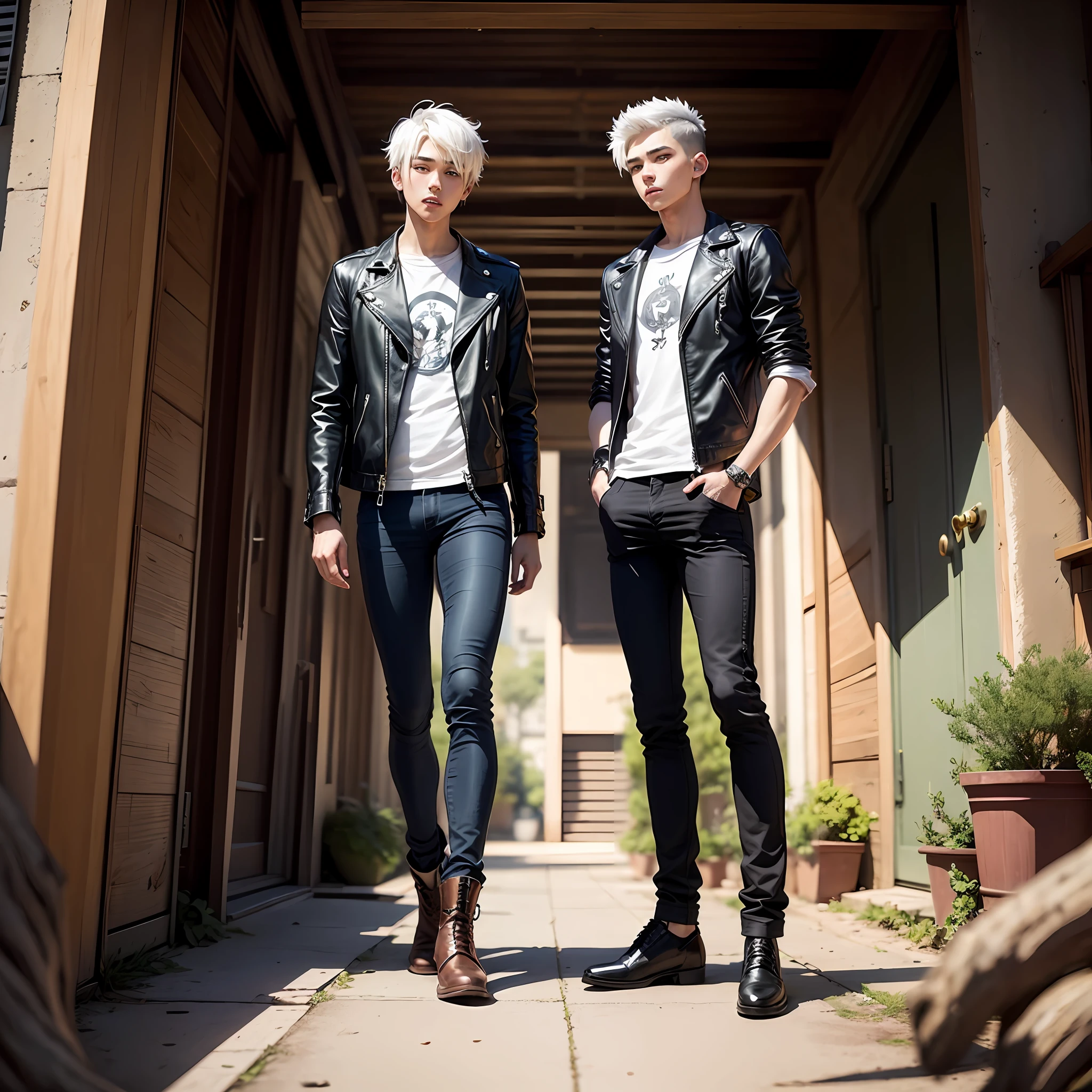 1 beautiful boy、19 years、Height 186cm、fullllbody、front facing、Visual kei、Short leather jacket、skinny pants、A white-haired、Long Half Up Wolf Cut、giant root --auto