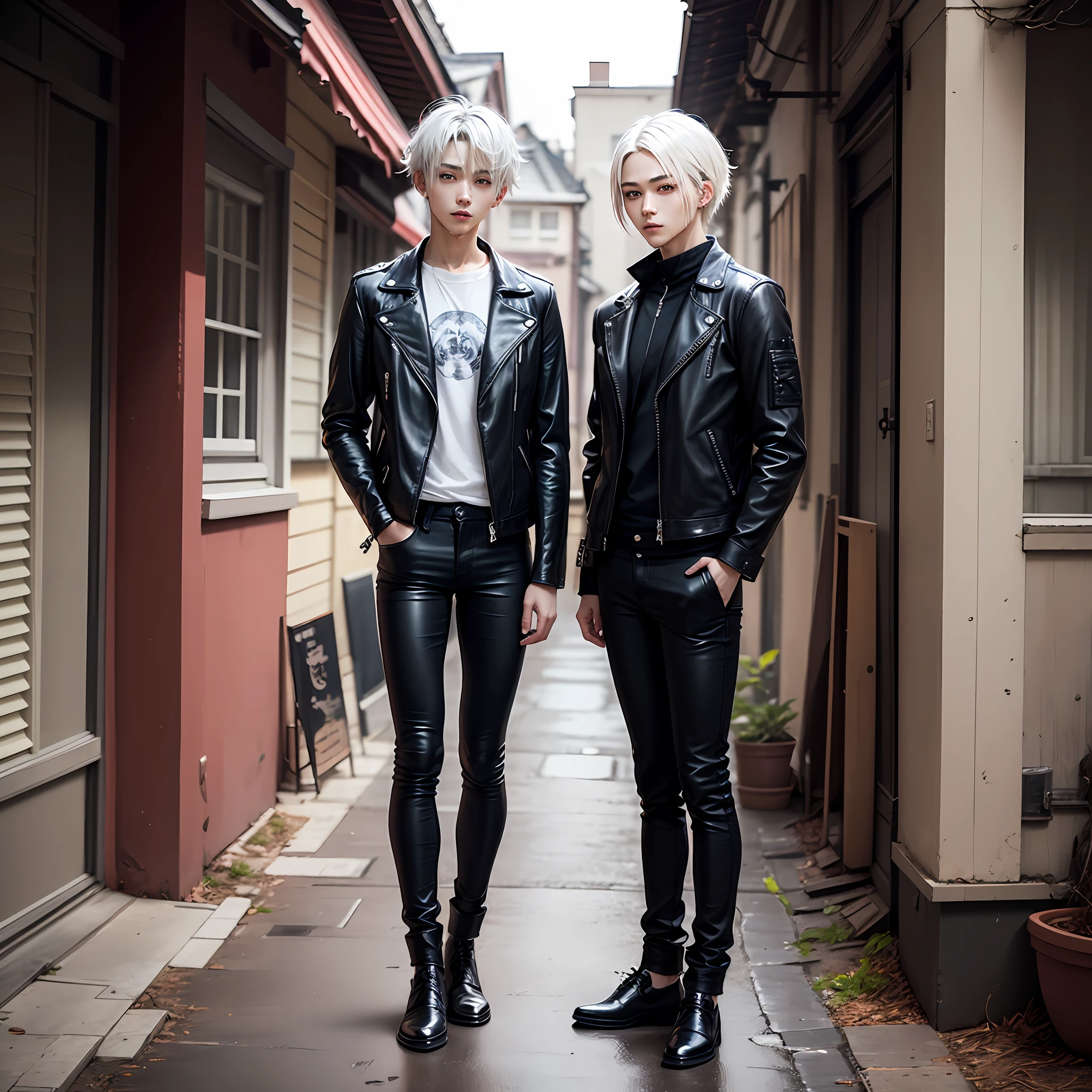 1 beautiful boy、19 years、Height 186cm、fullllbody、front facing、Visual kei、Short leather jacket、skinny pants、A white-haired、Long Half Up Wolf Cut、giant root --auto