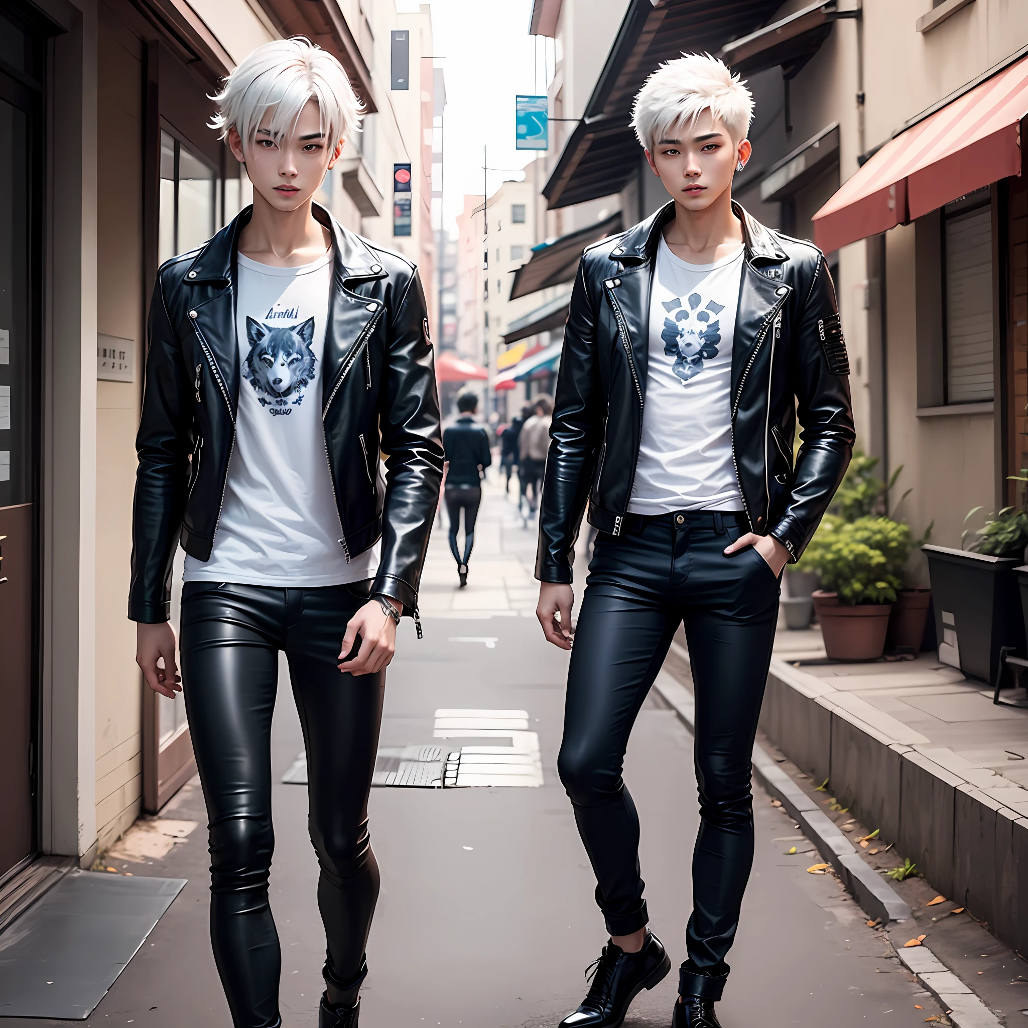 1 beautiful boy、19 years、Height 186cm、fullllbody、front facing、Visual kei、Short leather jacket、skinny pants、A white-haired、Long Half Up Wolf Cut、giant root --auto