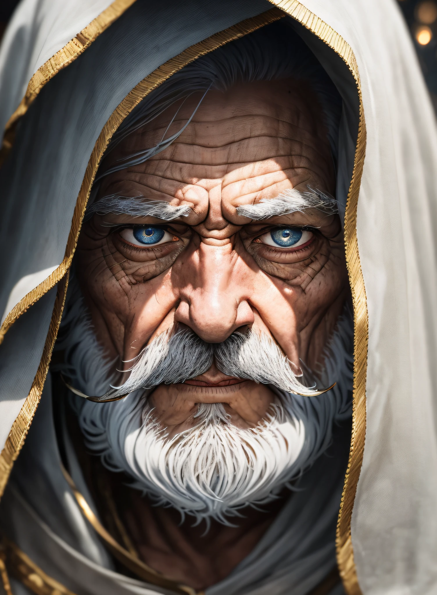 An epic close up portrait of elderly intense sinister eyes, and nose with long white beard, framed with a faded ancient tattered white linen hood, reflecting gold sparks in the irises of the eyes, white eyebrows, at night, dramatic lighting, high contrast, highest definition, hyperrealism, hyperrealistic, photorealistic, high resolution, hdr photography, 8k --auto --s2