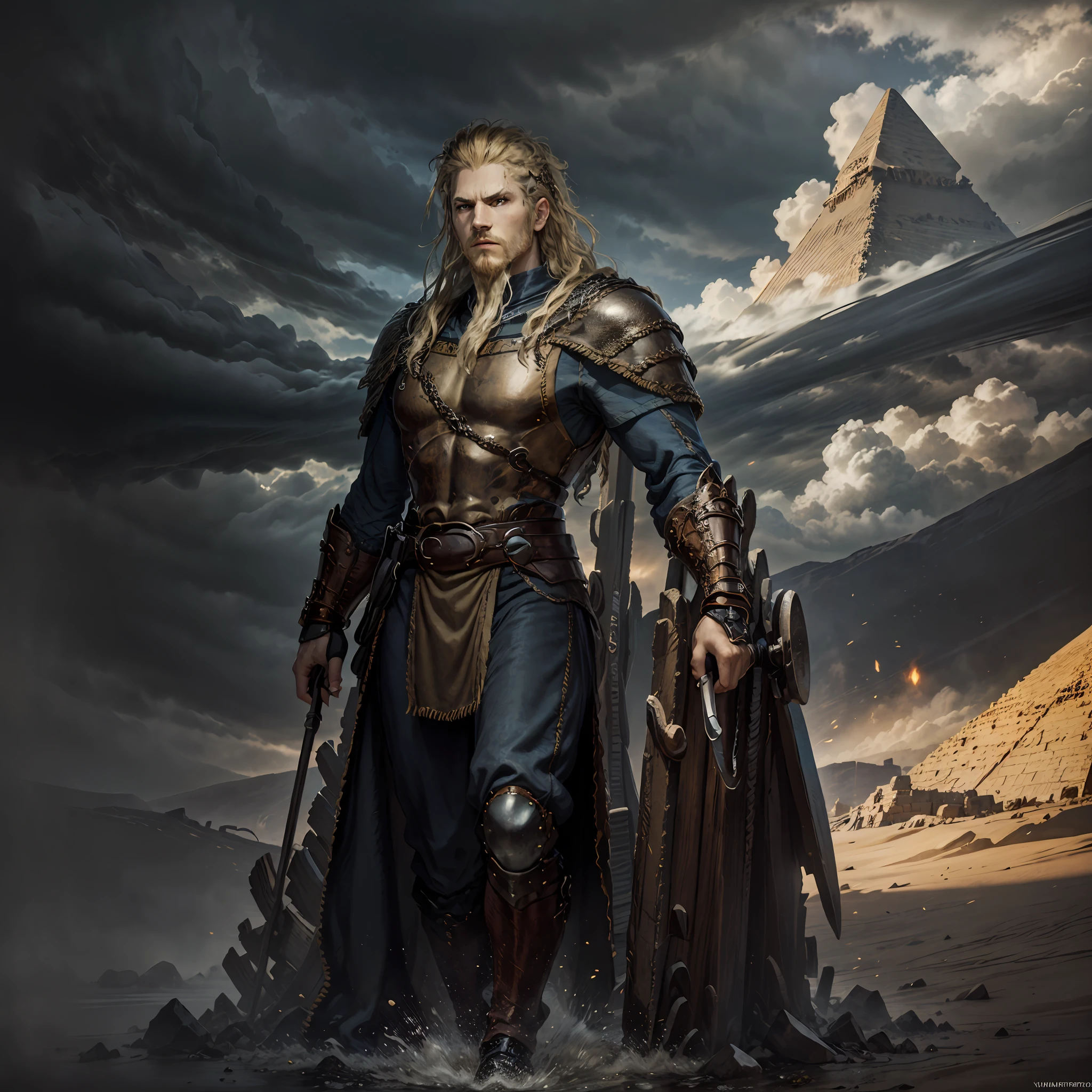A man in heavy Egyptian armor, a giant with a very long black braided beard, standing furiously to the left, Egyptian pyramids, sandstorms, fire in the sky, an iron spear in his hand, Ahriman and supervillain, God, God of Egypt, Strong man, high quality, 4k, Close up, Nude Body but Have Golden armor, a man in armor standing in front of a pyramid, elden ring cinematic lighting, viktor antonov concept art, epic viking king, epic exquisite character art, legends of runeterra, elden ring boss, fire giant, stunning character art, epic character art, elden ring art, elden ring concept art, elden ring class, unreal engine character art --auto