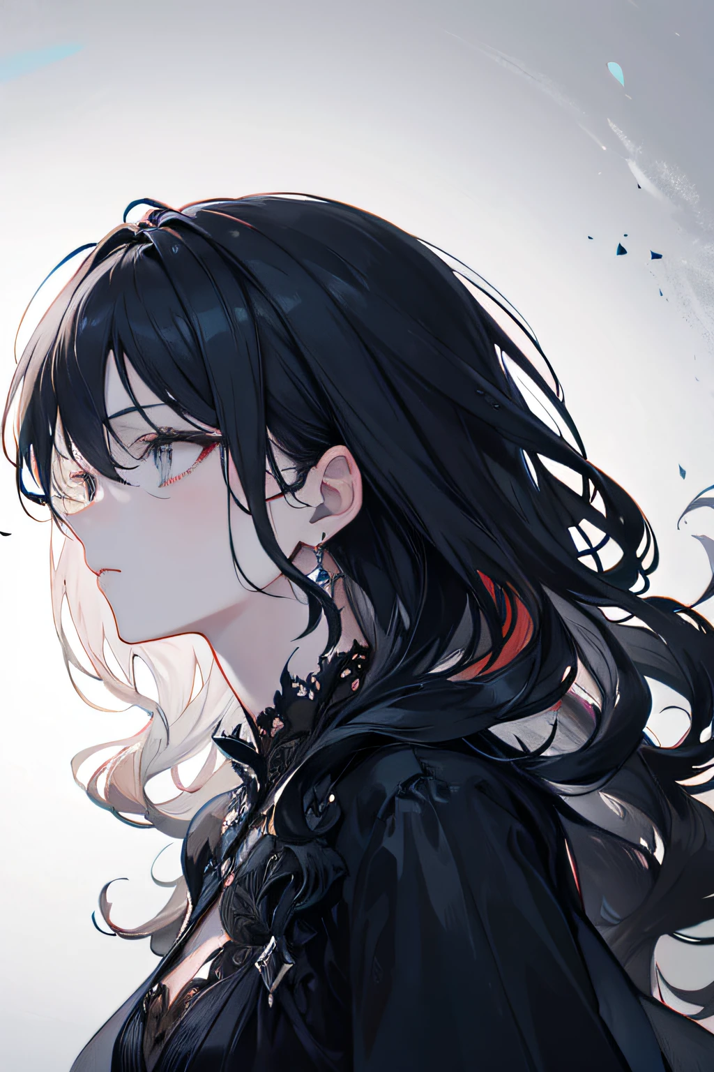 (highres, ultra detailed), 1girl, (beautiful detailed face), high contrast, (best illumination, an extremely delicate and beautiful), ((cinematic light)), young female, wavy black hair, long hair, dark grey eyes, black dress, finely detailed eyes and detailed face, slender, extremely detailed, wallpaper, intricate details, pale skin, elegant, majestic, tired, dark fantasy, side profile painted portrait, magic,