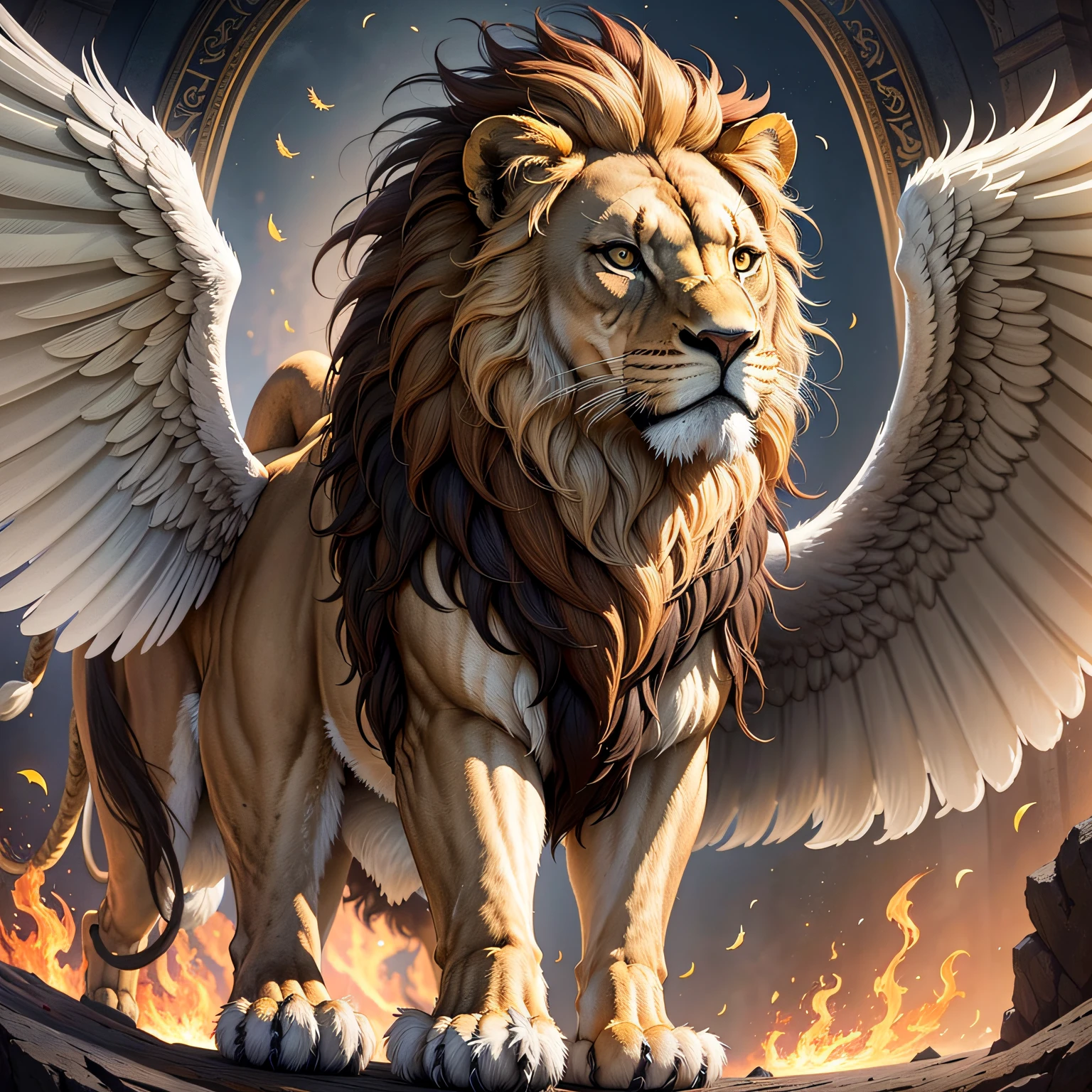 (pure white background,photo-realistic,ultra-realistic,highly detailed),(luminous,sparkling),four creatures from the bible:(Lion+Taurus+Man+Eagle),(flying),(sky,heavenly),(six wings),(eyes everywhere:1.2) --auto