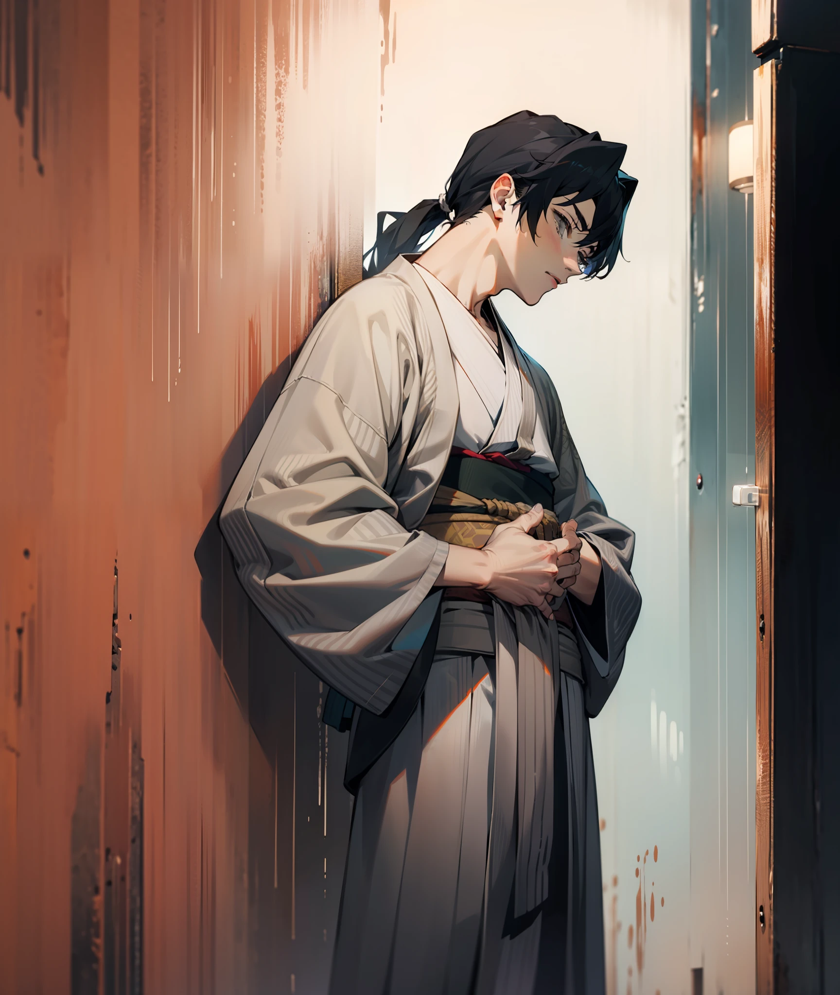 1boy, black hair, long hair, hair in ponytail, grey eyes, grey kimono, calm, tired, tall, grey clothes