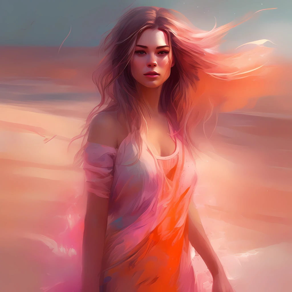 a gorgeous girl standing on sand wind in the hair, full length body shot,(((ultra warm bright pastel colors))), orange pink white colors, sharp focus, lut, ultra insane high resolution intricate textures, texture indentation, (((((Charlie Bowater, art by Alena Aenami, art by Albert Bierstadt, art by Carne Griffiths))))), luminism, light placement art, octane render, ultra intricately detailed, ultra maximalism, romanticism