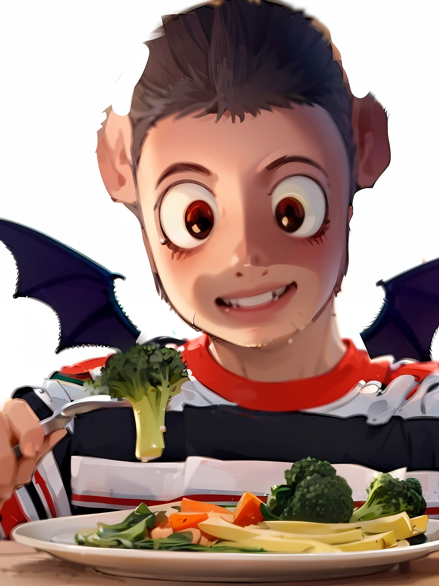 Happy and smiling bat boy with a plate of broccoli and a fork, Vinny  Molho, Vinny de Vinhinha, molho de vinha, estilo ratatouille, Rasputin como personagem Grubhub, comer vegetais e salada, basil gogos, inspirado em Dan Content,  :4, inspirado em Alfred Freddy Krupa, Mark Zuckerberg como uma abobrinha, Suckering a fork with a spiky broccoli