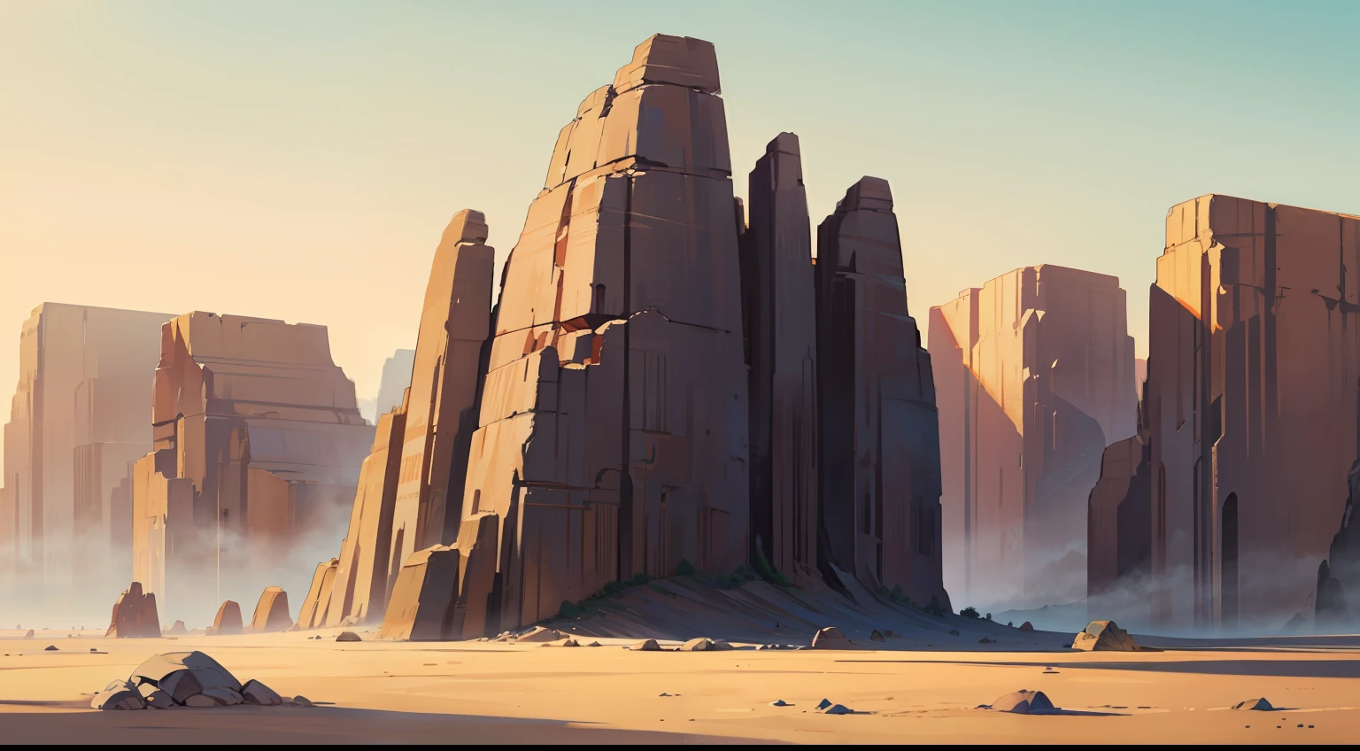 A desert landscape with a rock formation in the background,