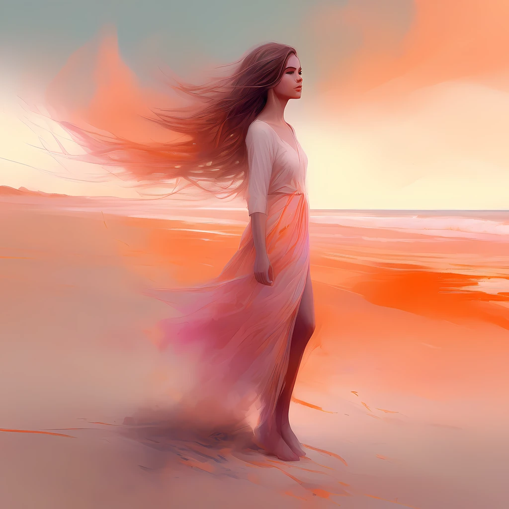 a gorgeous girl standing on sand wind in the hair, full length body shot,(((ultra warm bright pastel colors))), orange pink white colors, sharp focus, lut, ultra insane high resolution intricate textures, texture indentation, (((((Charlie Bowater, art by Alena Aenami, art by Albert Bierstadt, art by Carne Griffiths))))), luminism, light placement art, octane render, ultra intricately detailed, ultra maximalism, romanticism