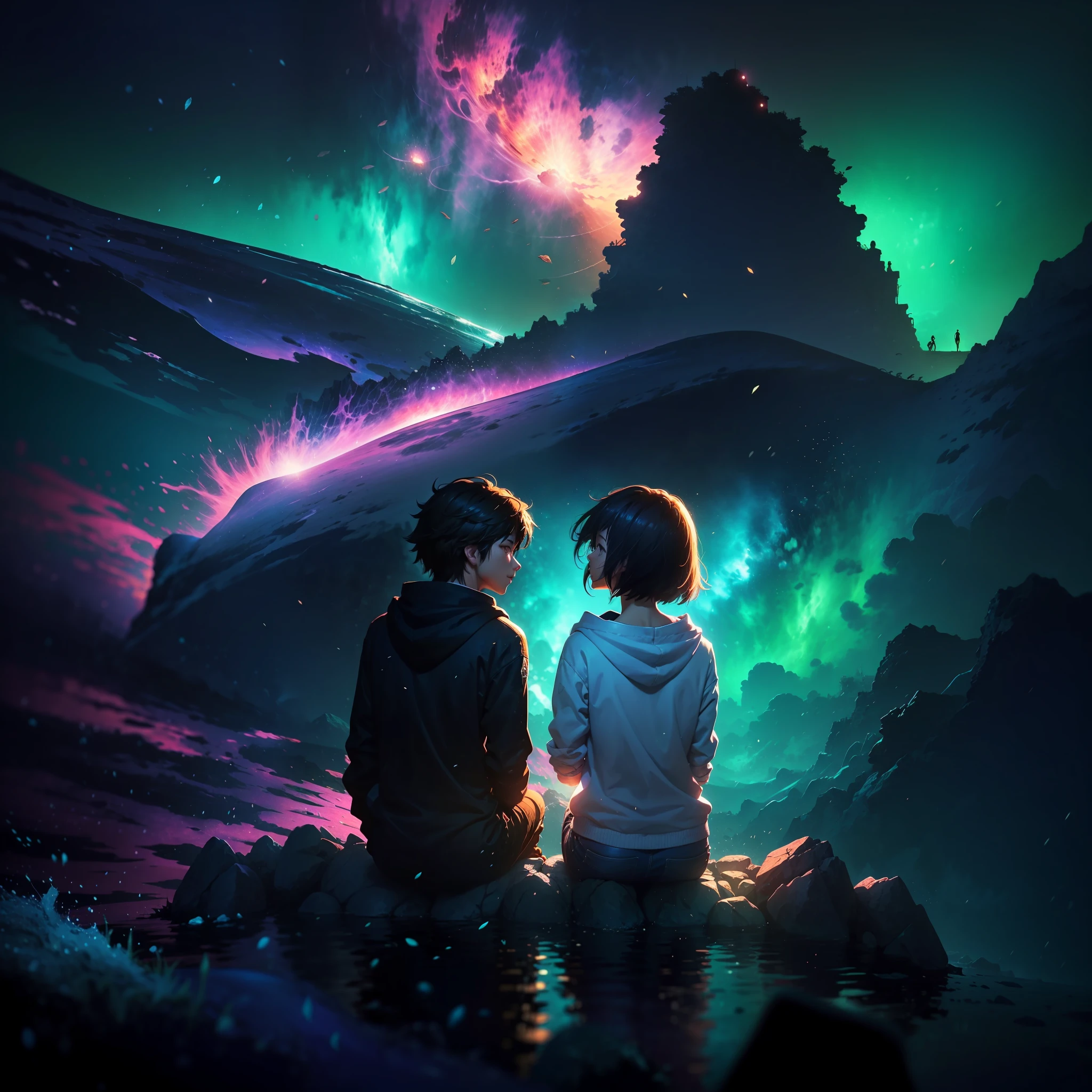 anime scene of two people sitting on a rock looking at a whale, makoto shinkai cyril rolando, guweiz and makoto shinkai, wallpaper anime blue water, ( ( makoto shinkai ) ), anime film still, makoto shinkai and bioware, blue sea. by makoto shinkai, colorful anime movie background