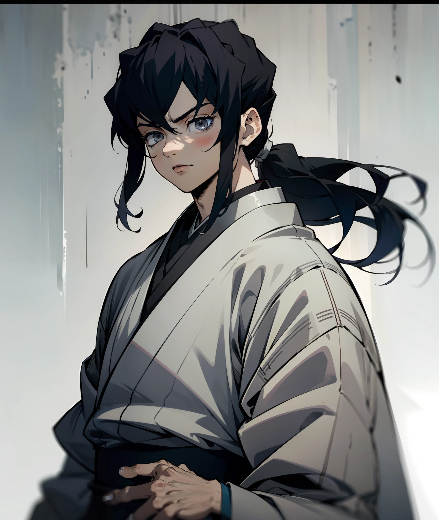 1boy, black hair, long hair, hair in ponytail, grey eyes, grey kimono, calm, tired, tall, grey clothes, face shot, face, sharp eyes, grey eyes