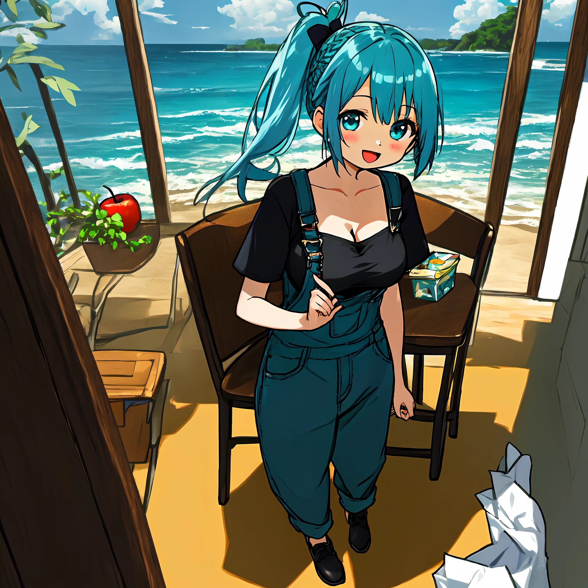 (Highly detailed CG Unity 8K wallpaper), (Best quality), (Super Detail), (Best Illustration), (Best Shadow), pov, Realistic lighting and shading, Natural light, Lens flare effect, ,Break 1 Beautiful Girl, Solo,(Cute:1.5),(Chibi:0.8), (kawaii:1.5),(Lori:0.5),break ,{heterochromia iridis,pale blue eyes,pale green eyes:1.5}, star eye silhouette, Standing figure, Happy, :D, break ((aqua hair,Side Ponytail,Semi-long hair, bow: 1.5)), Thin hair, break, overalls, Shirt, Braids,Large breasts , Black shirt, T-shirt, Looking at Viewer, Short sleeves, Bangs, Blue overalls, blush, break,ocean,uminoie,Full body,Scenery, The table, Chair, Window, drapes, Boken, Indoors, an apple, moonlight, parrot, trash can, desk work, Tissue Box,hanabi,open door,near beach,hold self breasts both hands