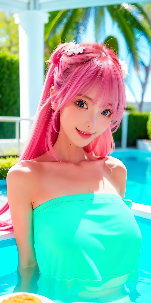 (8k, 4k, best quality, highres:1.2), (maasterpiece, realistic, photo realistic:1.37), 1girl, solo, beautiful face, eyelashes, nose, glossy lips, (detailed eyes, looking at viewer, fair skin, white skin:1.5), fine complexion, upper body,
large breasts, busty,,,
outdoor onsen,
two side up, absurdly long hair, blonde hair, pink hair, bangs, hair ornament, bow,
younger, aged down,