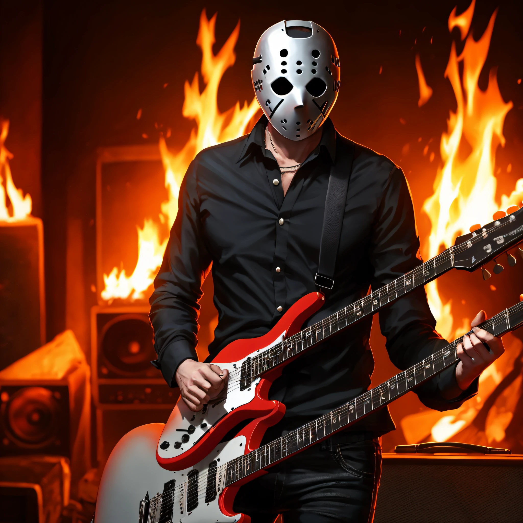 Friday the 13th: Jason Voorhees playing guitar and fire speaker, a beautiful woman rocker, black pants and black blouse,pintura digital,UHD,Full HD,estilo HQ --auto