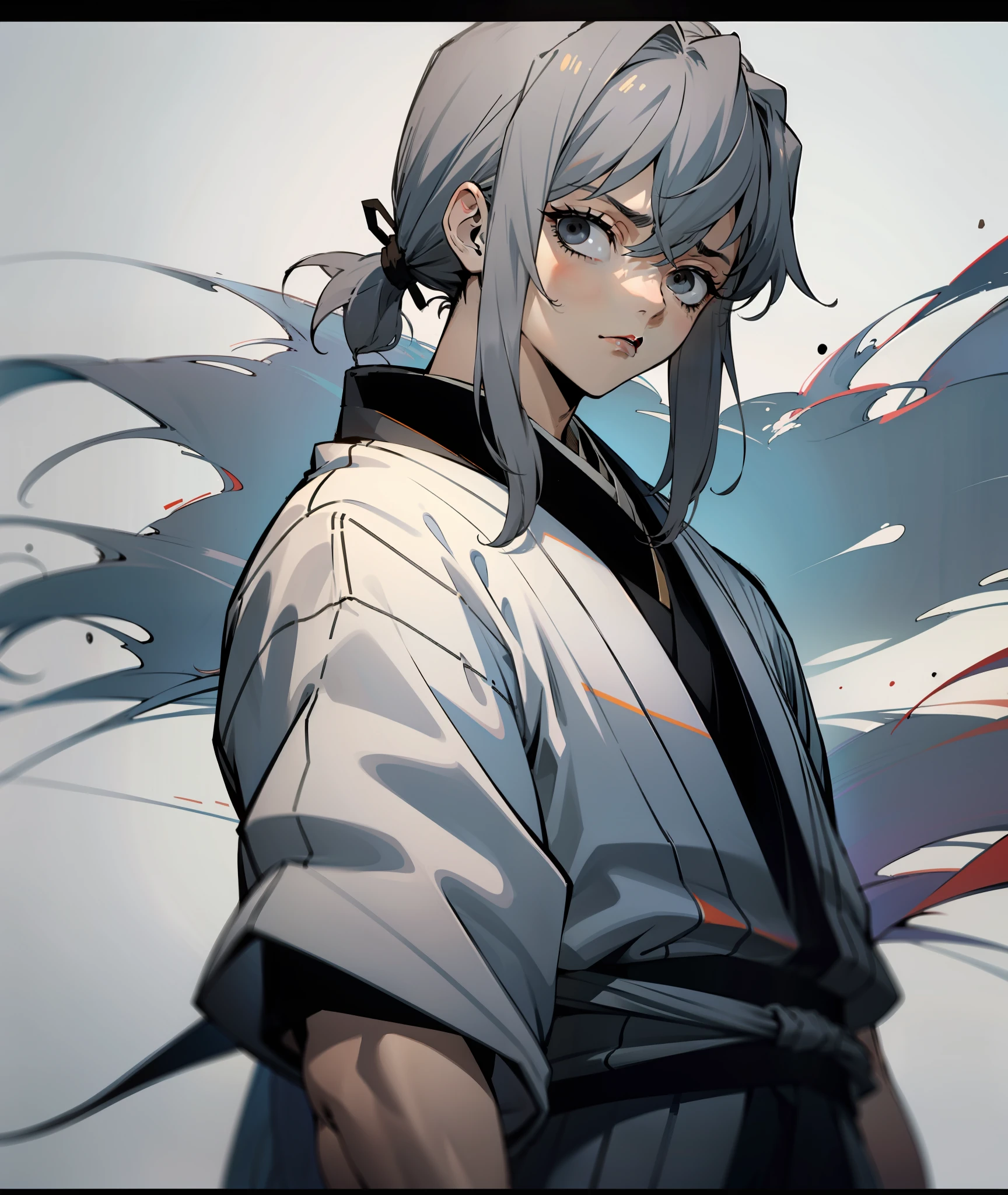 1boy, grey hair, long hair, hair in ponytail, black eyes, grey kimono, calm, tired, tall, grey clothes, face shot, face, sharp eyes, black eyes