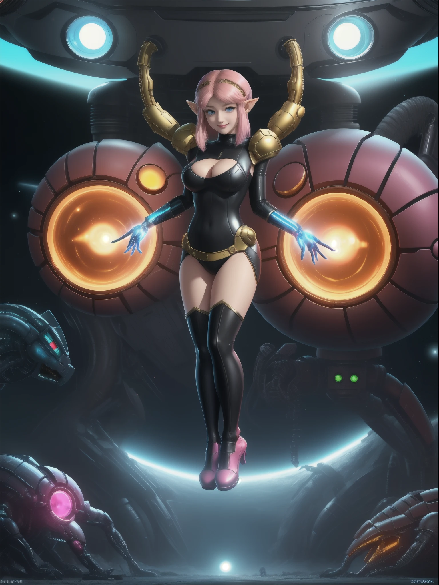 ((full body):1.5), {((Princess Zelda only))}, {((wearing black hair with gold metallic parts)), (((she has very short pink hair, blue eyes))), ((has extremely gigantic breasts)), is looking at the viewer, smiling, ((doing erotic poses)), ((alien spaceship, mutant monsters, futuristic machines, people of different ethnicities))},16k, ultra quality, ultra detailed, maximum resolution, best sharpness, (((Super Metroid))),TinkerWaifu,cartoon ,anime