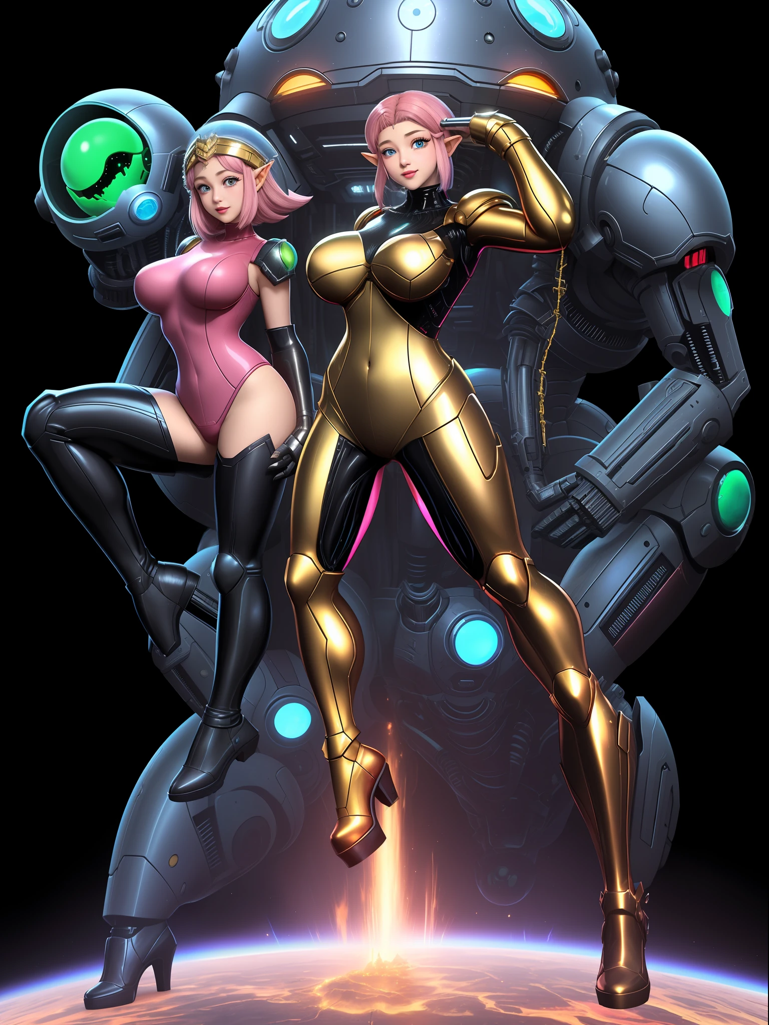 ((full body):1.5), {((Princess Zelda only))}, {((wearing black hair with gold metallic parts)), (((she has very short pink hair, blue eyes))), ((has extremely gigantic breasts)), is looking at the viewer, smiling, ((doing erotic poses)), ((alien spaceship, mutant monsters, futuristic machines, people of different ethnicities))},16k, ultra quality, ultra detailed, maximum resolution, best sharpness, (((Super Metroid))),TinkerWaifu,cartoon ,anime