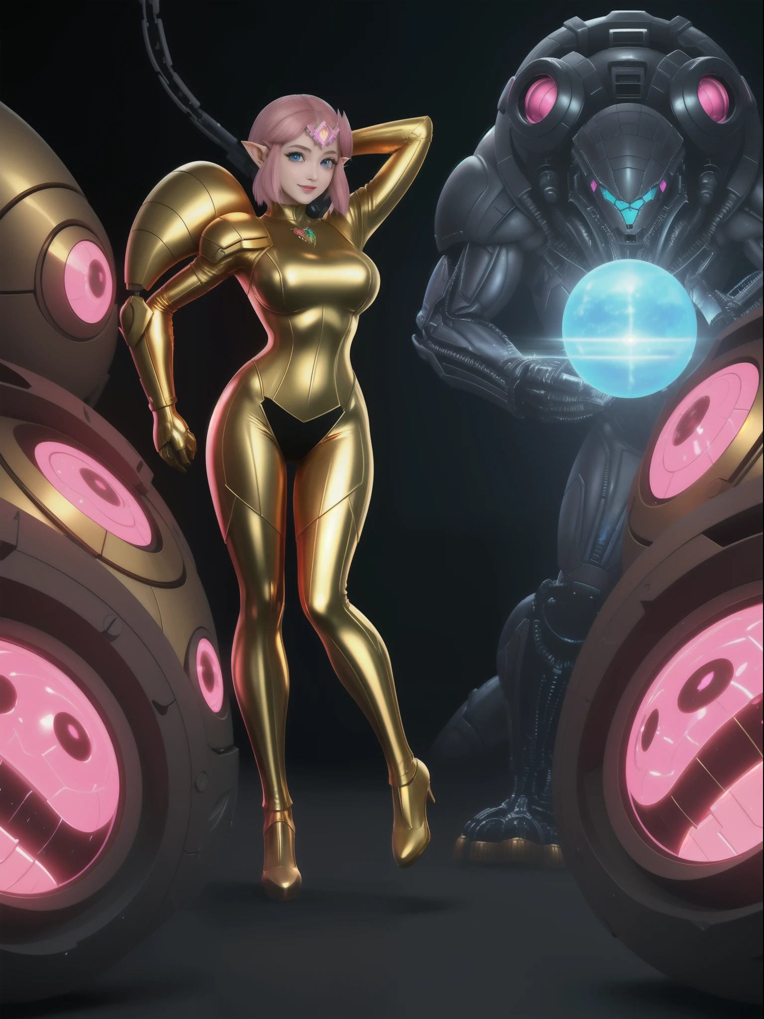 ((full body):1.5), {((Princess Zelda only))}, {((wearing black hair with gold metallic parts)), (((she has very short pink hair, blue eyes))), ((has extremely gigantic breasts)), is looking at the viewer, smiling, ((doing erotic poses)), ((alien spaceship, mutant monsters, futuristic machines, people of different ethnicities))},16k, ultra quality, ultra detailed, maximum resolution, best sharpness, (((Super Metroid))),TinkerWaifu,cartoon ,anime