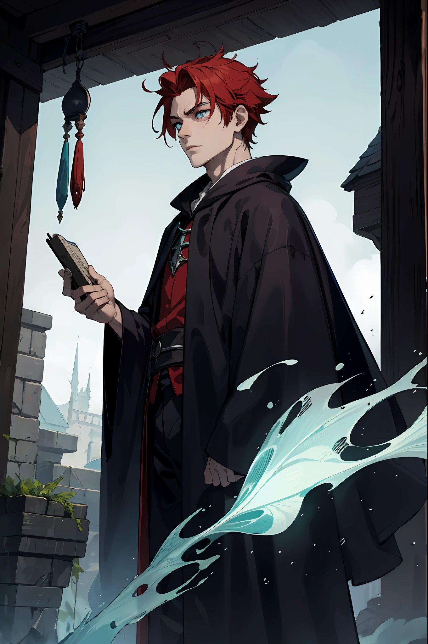 a masterpiece of, 1boy, red hair, combed hair back, pale skin, Cyan eyes, melancholic, goods maga, Dark Robe, Middle Ages, Simple background, sorcerer, The Dark Mage,