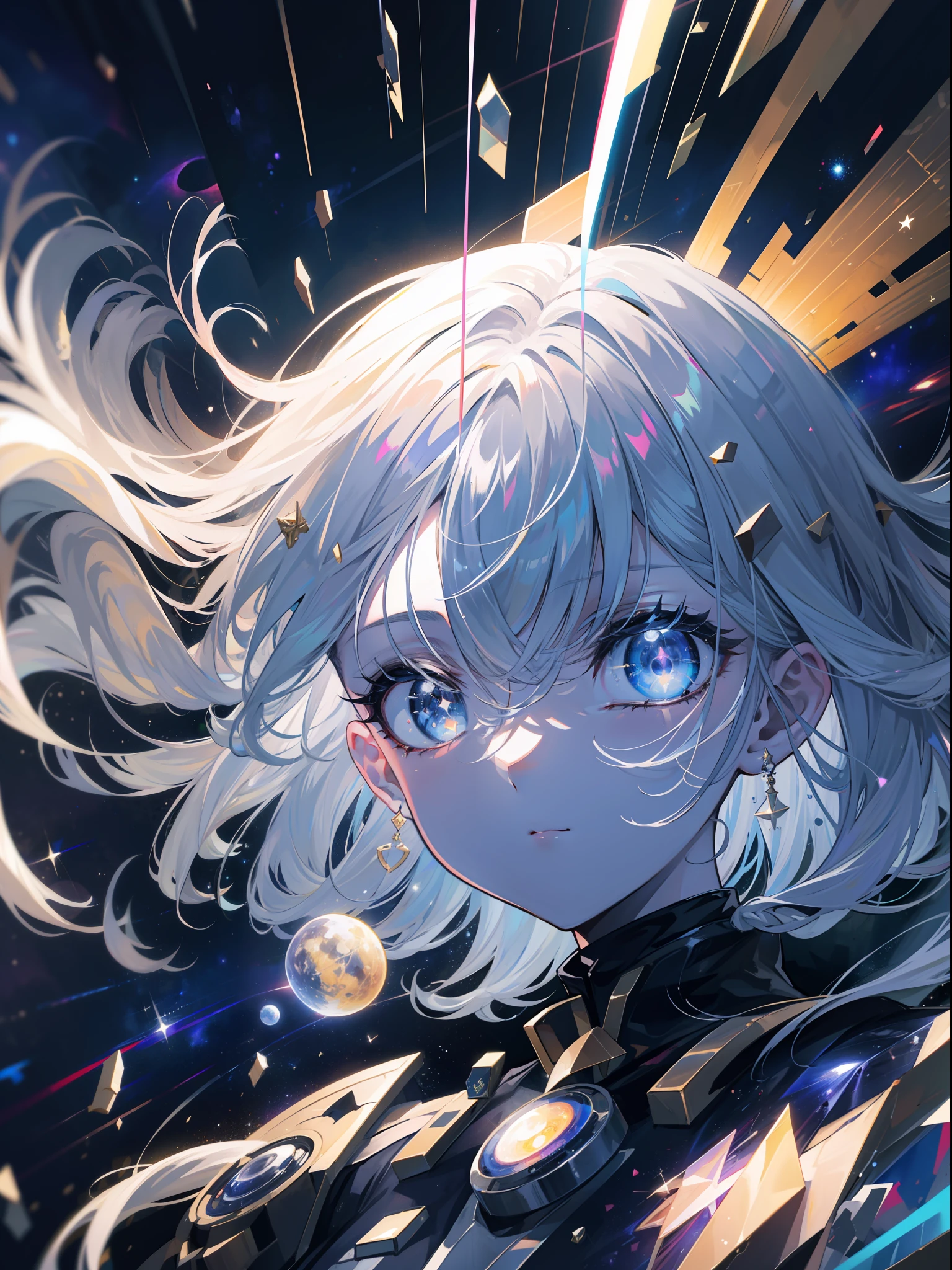 8k, HDR, masterpiece, high resolution, ultra detailed, epic lighting, detailed eyes, 1girl, goddess, omnipotence human, floating in space, sparkling eyes, glowing eyes, long hair, space body, galaxy inside the body, multiple galaxy inside the body, transparent body, light particles, distance view, outer space, distance space, space, galaxy, stars, supernova, solar system, milky way, multiple galaxies, fragments, An embodiment of the multiverse