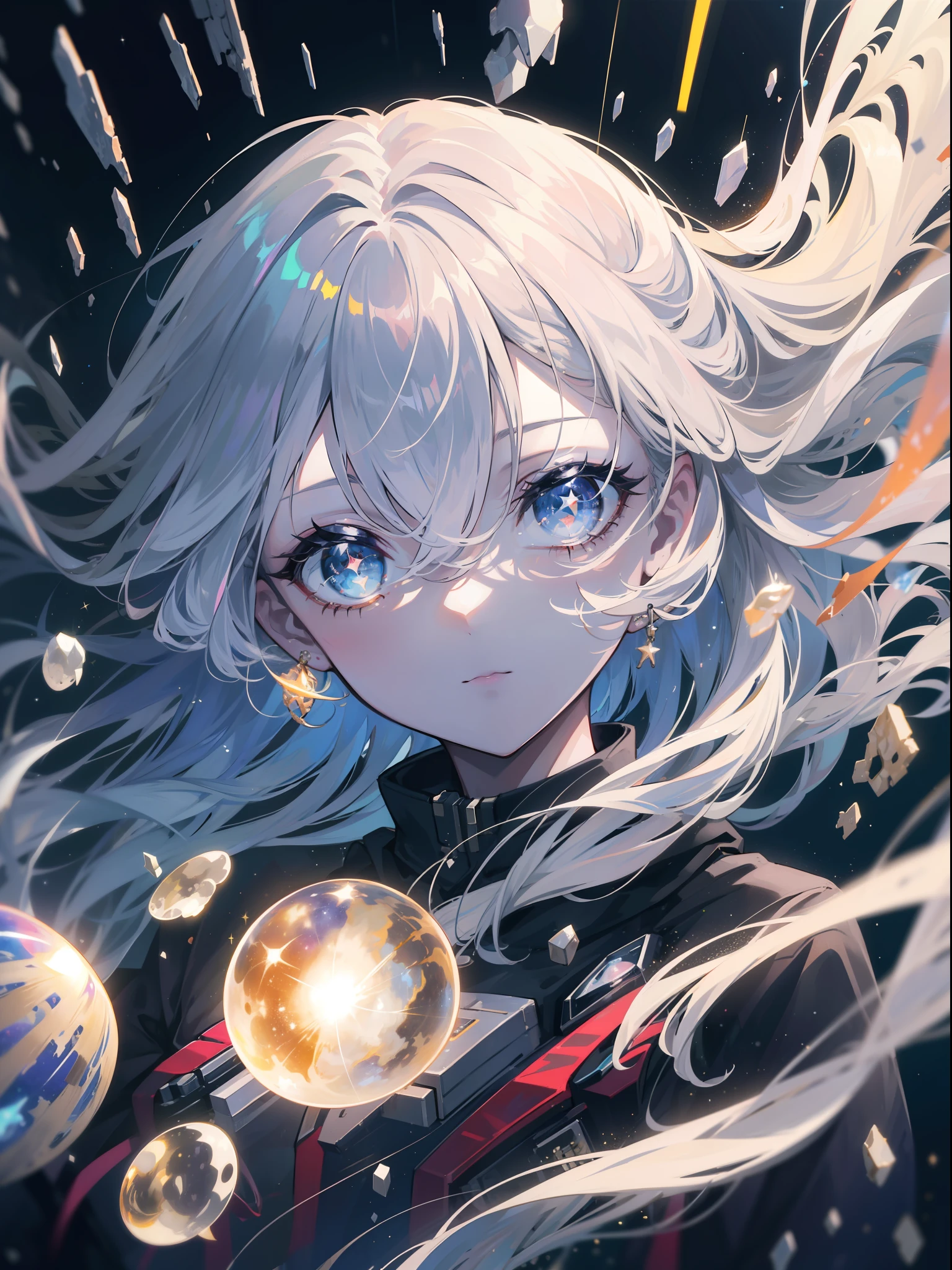 8k, HDR, masterpiece, high resolution, ultra detailed, epic lighting, detailed eyes, 1girl, goddess, omnipotence human, floating in space, sparkling eyes, glowing eyes, long hair, space body, galaxy inside the body, multiple galaxy inside the body, transparent body, light particles, distance view, outer space, distance space, space, galaxy, stars, supernova, solar system, milky way, multiple galaxies, fragments, An embodiment of the multiverse