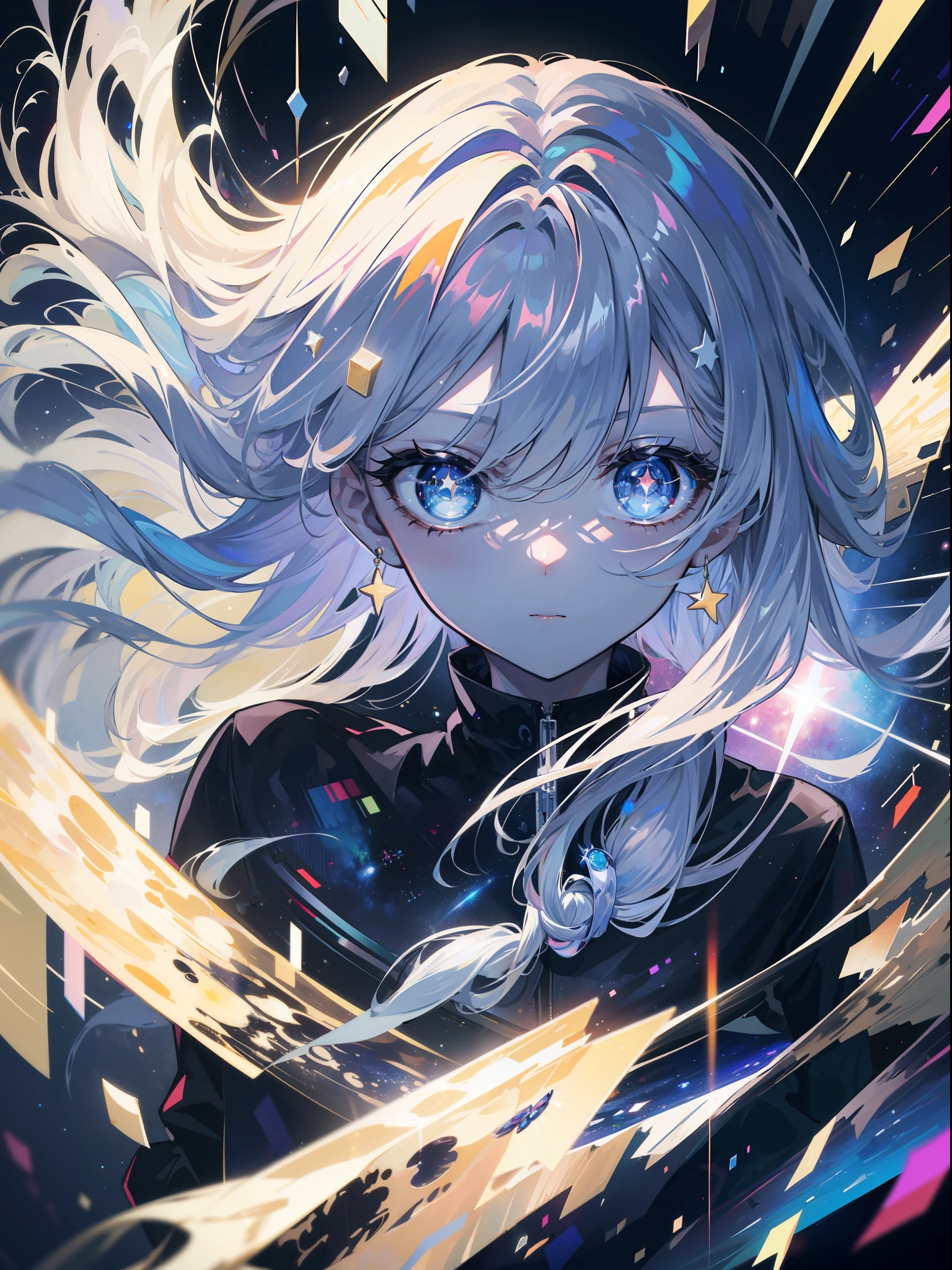 8k, HDR, masterpiece, high resolution, ultra detailed, epic lighting, detailed eyes, 1girl, goddess, omnipotence human, floating in space, sparkling eyes, glowing eyes, long hair, space body, galaxy inside the body, multiple galaxy inside the body, transparent body, light particles, distance view, outer space, distance space, space, galaxy, stars, supernova, solar system, milky way, multiple galaxies, fragments, An embodiment of the multiverse