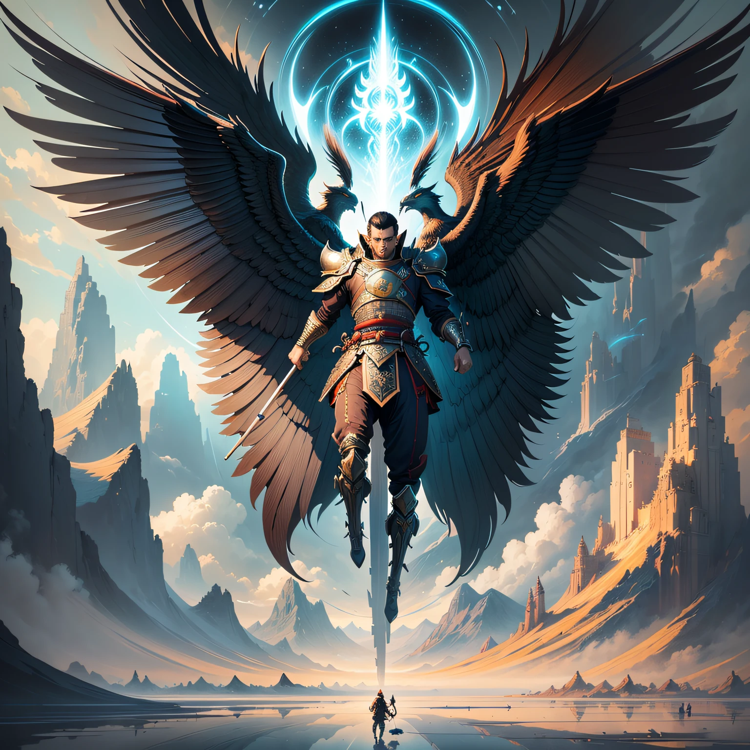 there is a man standing on a rock with two wings, Arte digital surrealista, Arte digital alucinante, digital visionary art, Symmetrical Epic Fantasy Art, beeple daily art, arte digital elaborada, arte digital surreal, Grande arte digital com detalhes, Beeple e Jean Giraud, arte do bipe, arte surreal, arte do bipe --auto