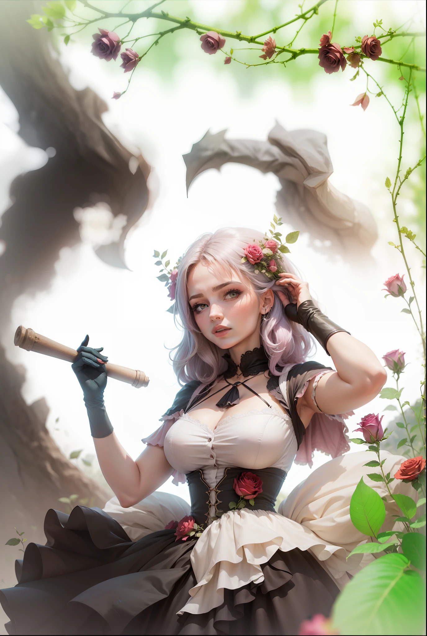 Femme cheveux bleu pastel ,rosier gros feuillage ,roses ,brouillard mauvais