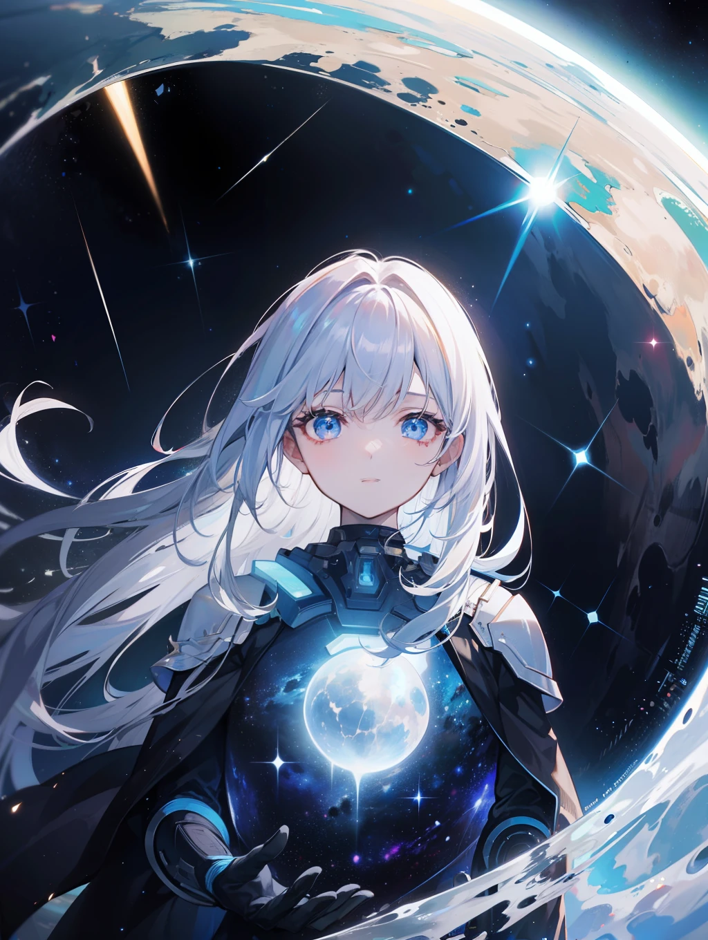 8k, HDR, masterpiece, high resolution, ultra detailed, epic lighting, detailed eyes, 1girl, goddess, omnipotence human, floating in space, sparkling eyes, glowing eyes, long hair, space body, galaxy inside the body, multiple galaxy inside the body, transparent body, light particles, distance view, outer space, distance space, space, galaxy, stars, supernova, solar system, milky way, multiple galaxies, fragments, An embodiment of the multiverse