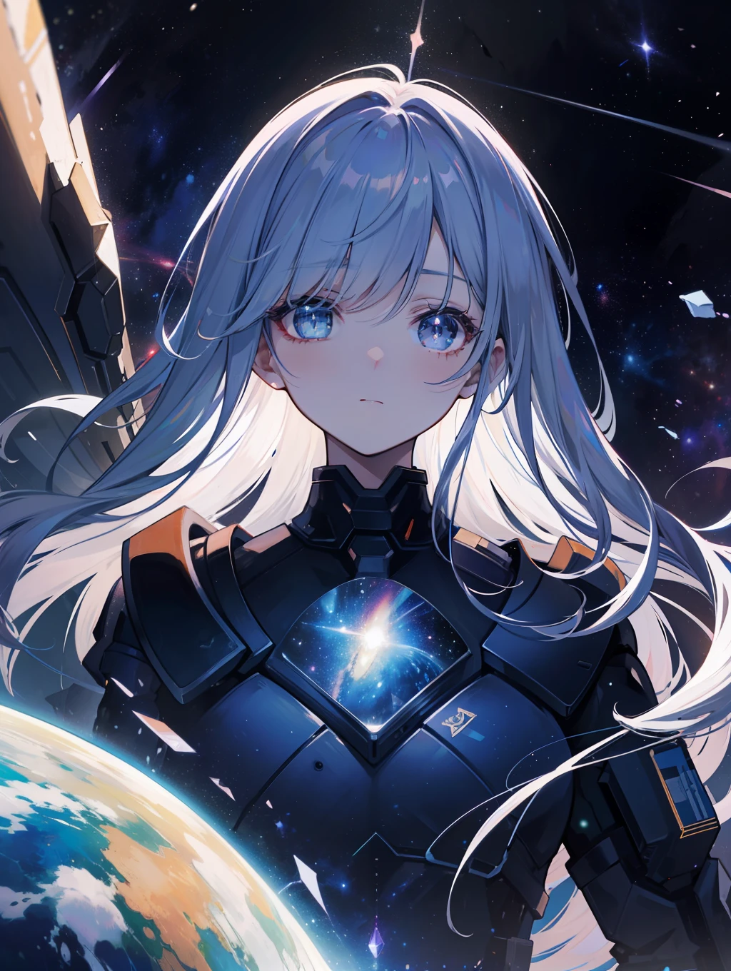 8k, HDR, masterpiece, high resolution, ultra detailed, epic lighting, detailed eyes, 1girl, goddess, omnipotence human, floating in space, sparkling eyes, glowing eyes, long hair, space body, galaxy inside the body, multiple galaxy inside the body, transparent body, light particles, distance view, outer space, distance space, space, galaxy, stars, supernova, solar system, milky way, multiple galaxies, fragments, An embodiment of the multiverse