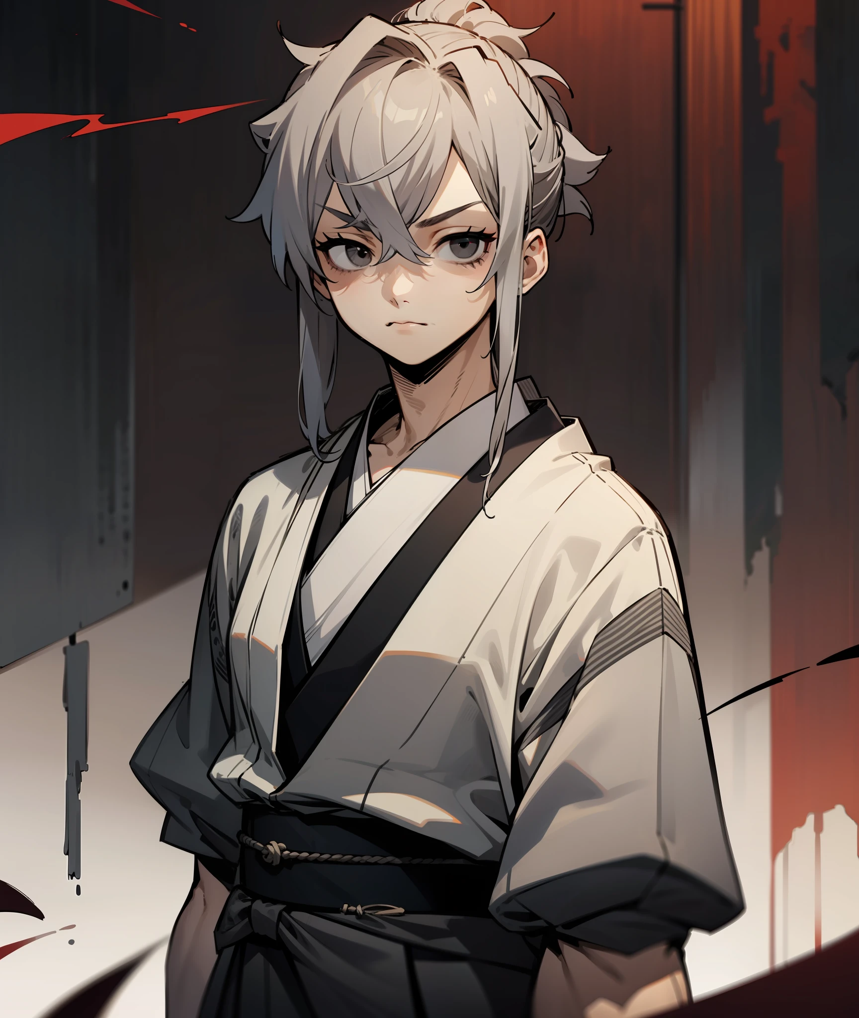 1boy, grey hair, long hair, hair in ponytail, black eyes, grey kimono, calm, tired, tall, grey clothes, face shot, face, sharp eyes, black eyes, missing left eye, left eye covered, missing left eye