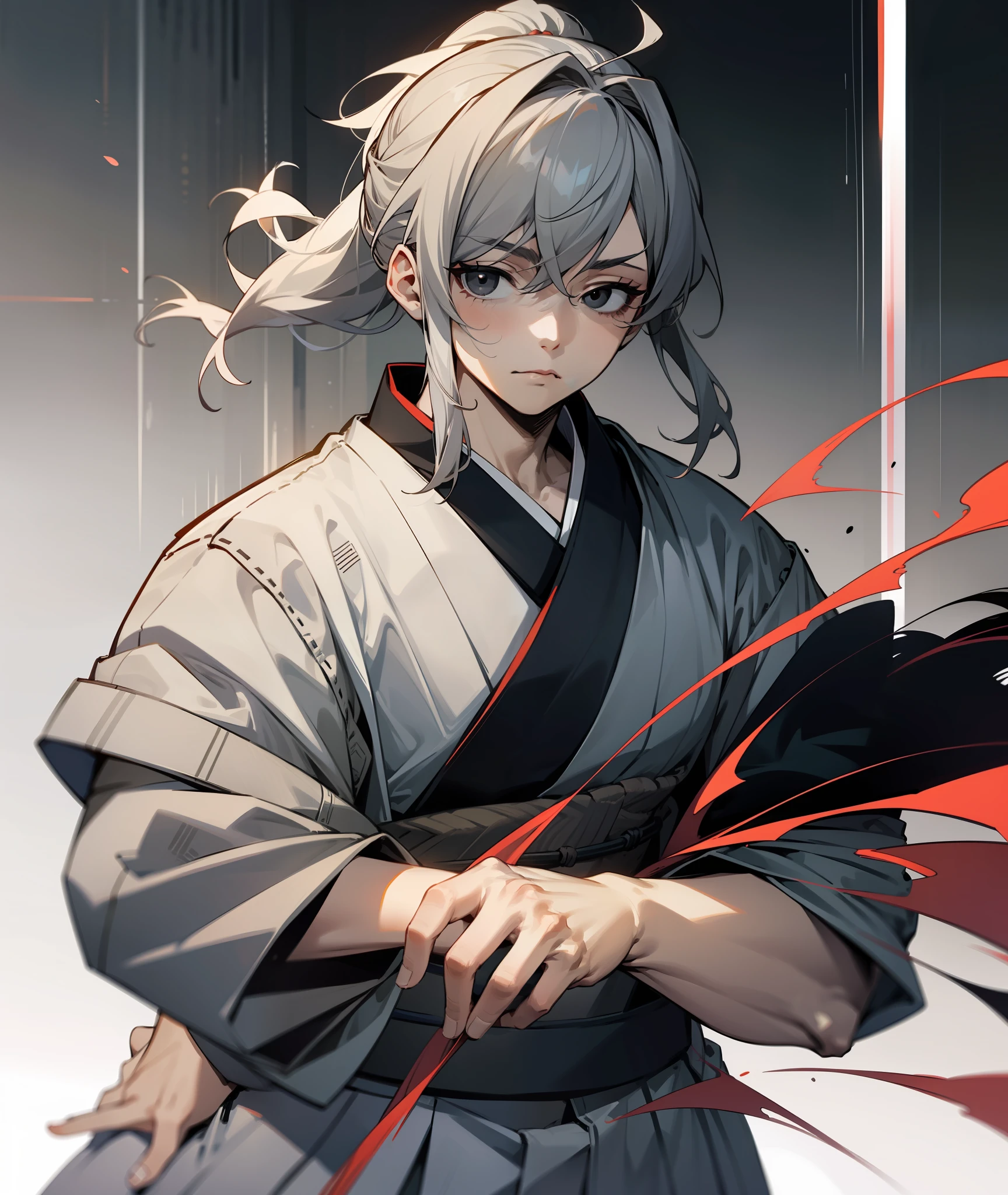 1boy, grey hair, long hair, hair in ponytail, black eyes, grey kimono, calm, tired, tall, grey clothes, face shot, face, sharp eyes, black eyes, missing left eye, left eye covered, missing left eye