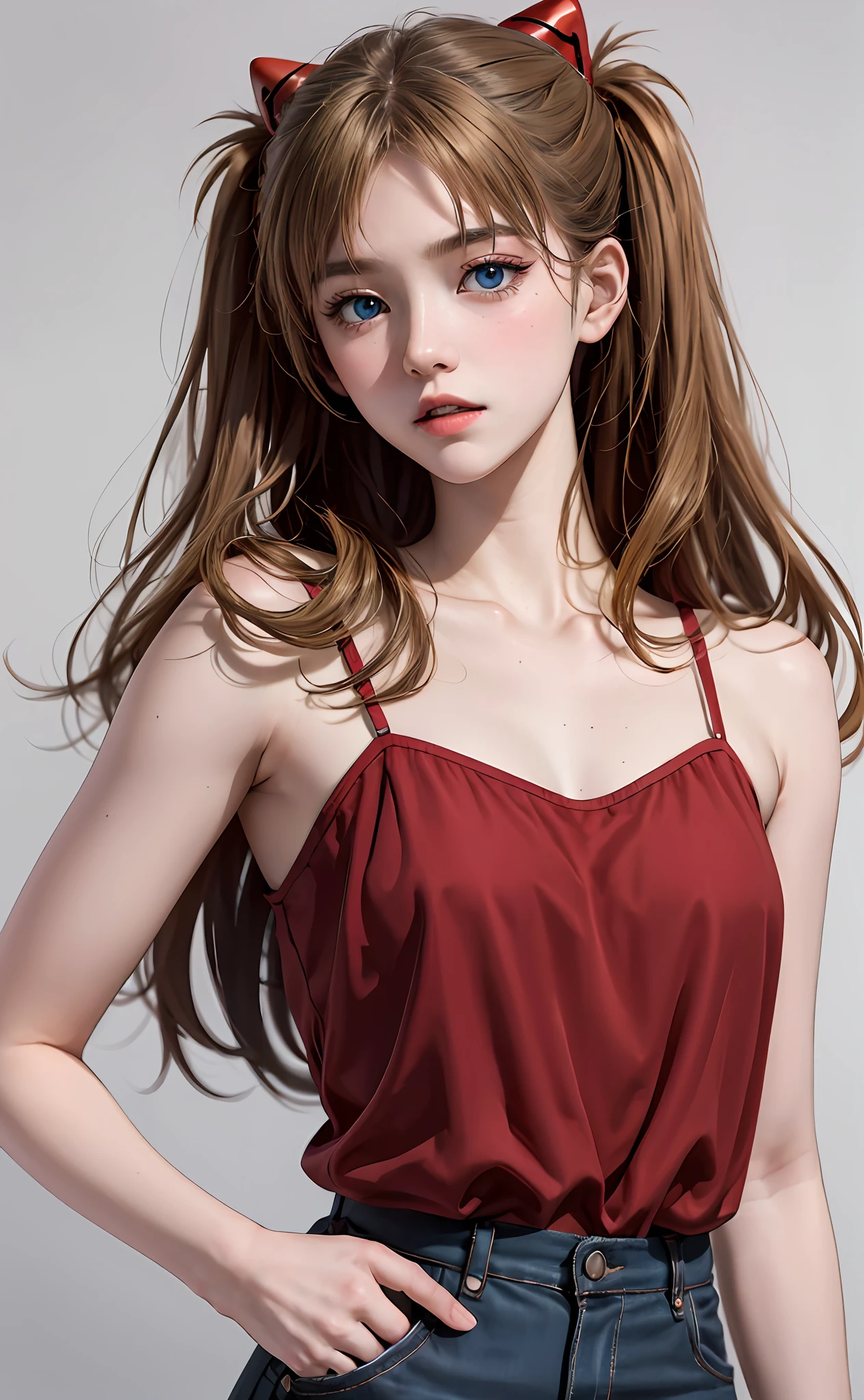 (a masterpiece of:1.4、beste-Qualit)、(intricate detailes)、Unity8k wallpapers、ultra hyper-detailed、Beautiful and mysterious、Detailed background、realisitic、独奏、Perfectly detailed face、Detailed blue eyes、extremely detailed、blushed、hair adornments、Chignon mahogany hair、(Blonde hair)、,Shikinami Asuka Langley、Evangelion、Slender  girl、black backdrop、On the waist、