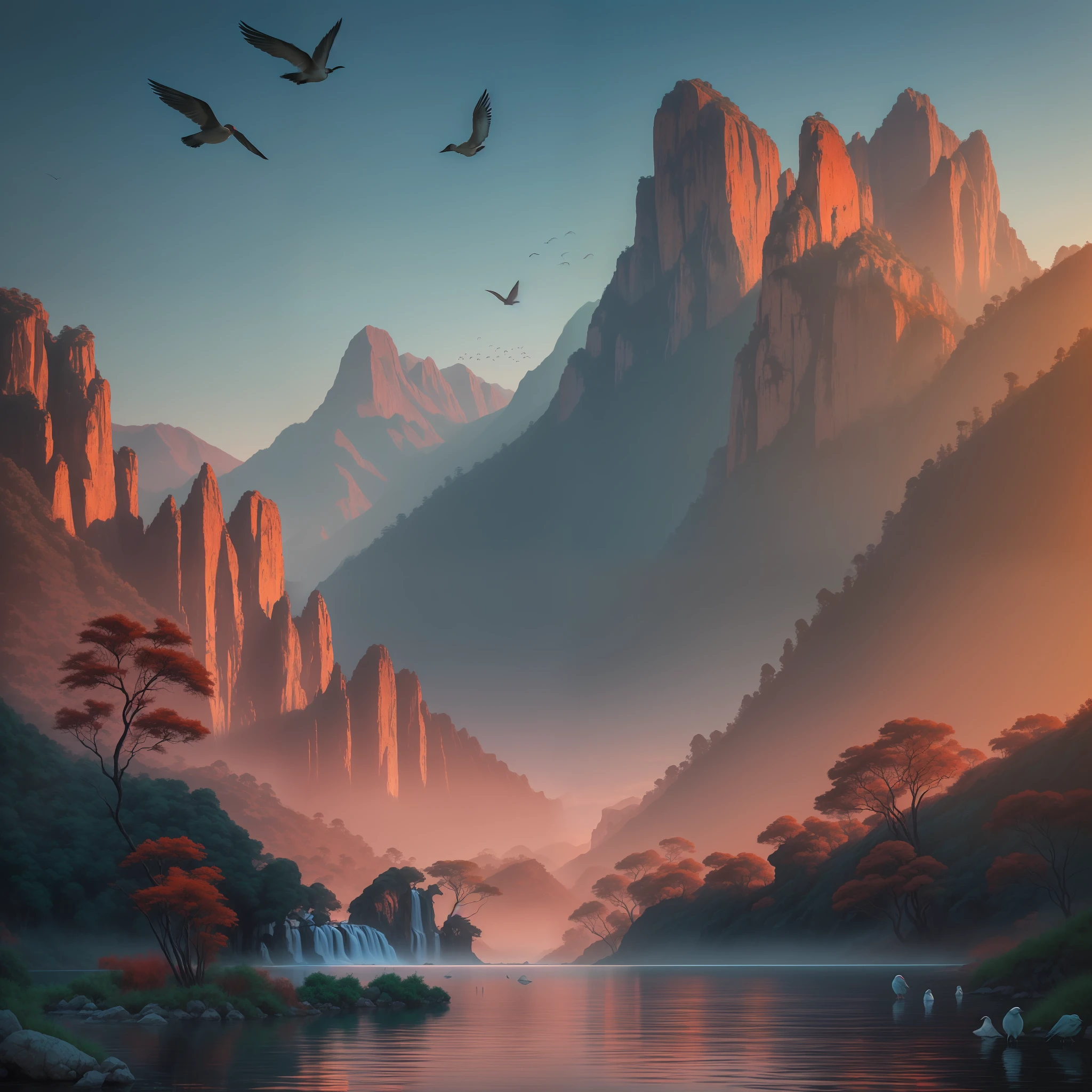 mountains at sunset with birds and mountains, mountain lake, waterfall, in the style of kilian eng, light crimson and light aquamarine, soft atmospheric perspective, uemura shoen, richly detailed backgrounds, light red and turquoise, naturalistic landscape backgrounds