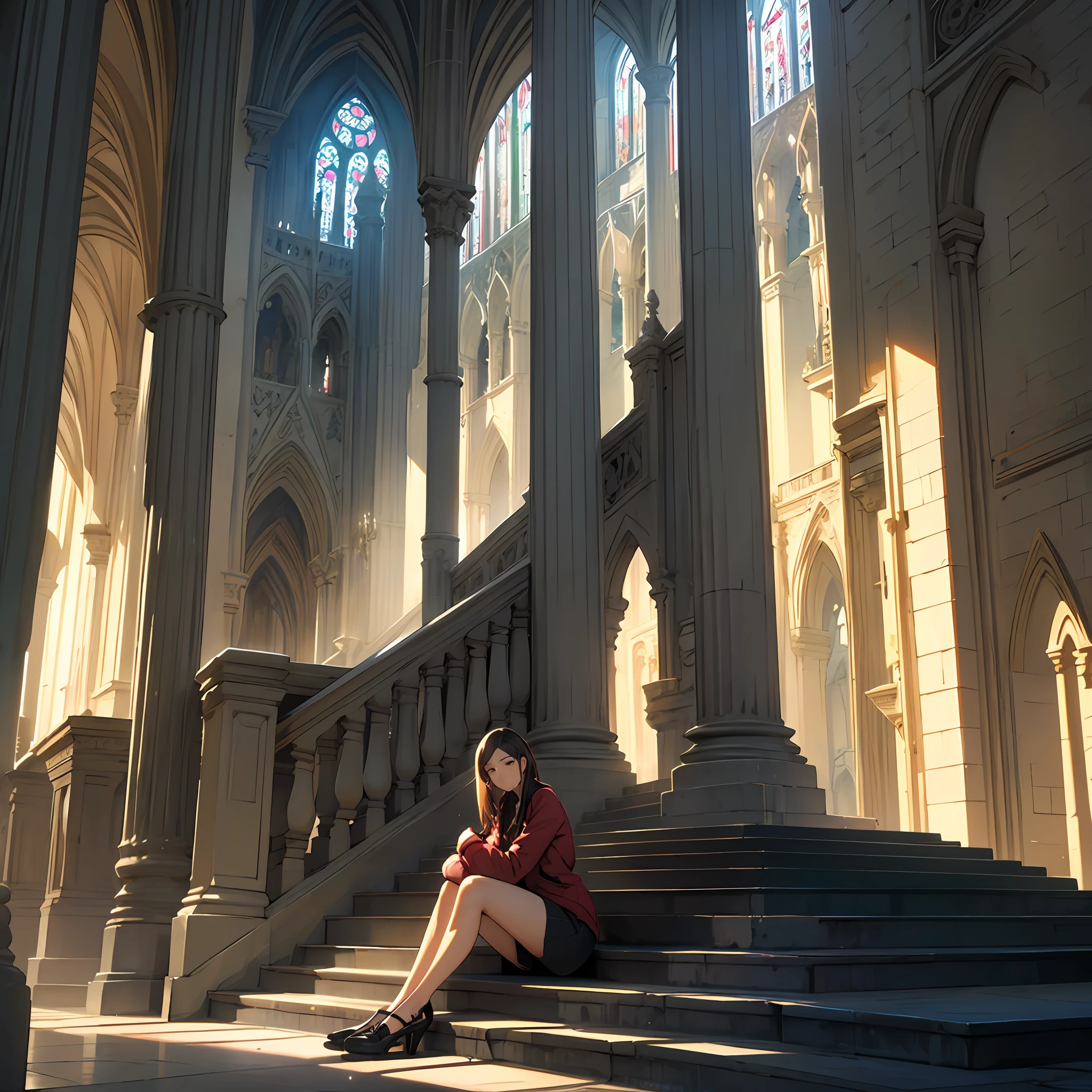 a masterpiece of、Top image quality、1人の女性、Beautiful woman sitting on the stairs、legs slightly open、hugetits、Female proportions considered everywhere、cathedral、Majestic atmosphere