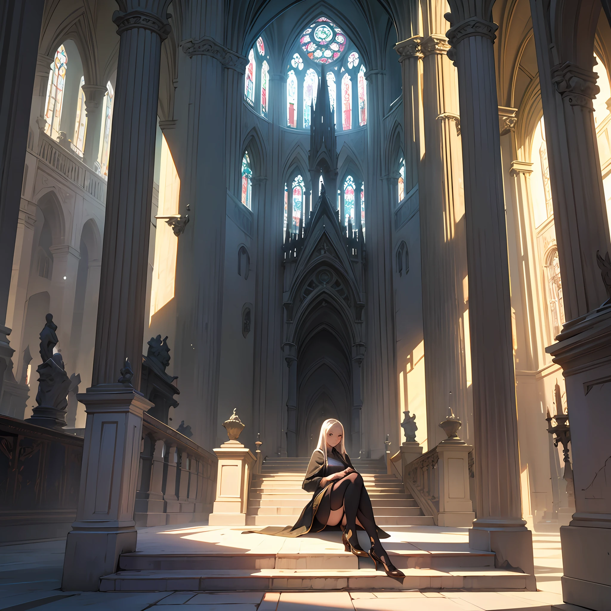 a masterpiece of、Top image quality、1人の女性、Beautiful woman sitting on the stairs、legs slightly open、hugetits、Female proportions considered everywhere、cathedral、Majestic atmosphere