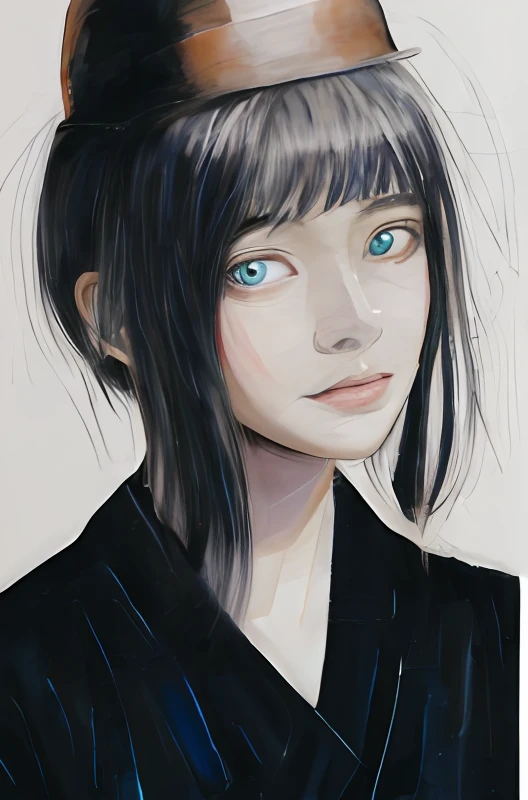 Painting of a young woman wearing a tubular black hat on her head,  Realistic photo of woman with blue clear eyes Portrait of half body, inspired by Junji Ito, a manga drawing, inspired by Otake Chikuha, humanoid portrait, Portrait of an anime girl, soft portrait, half-body portrait, art style of junji ito