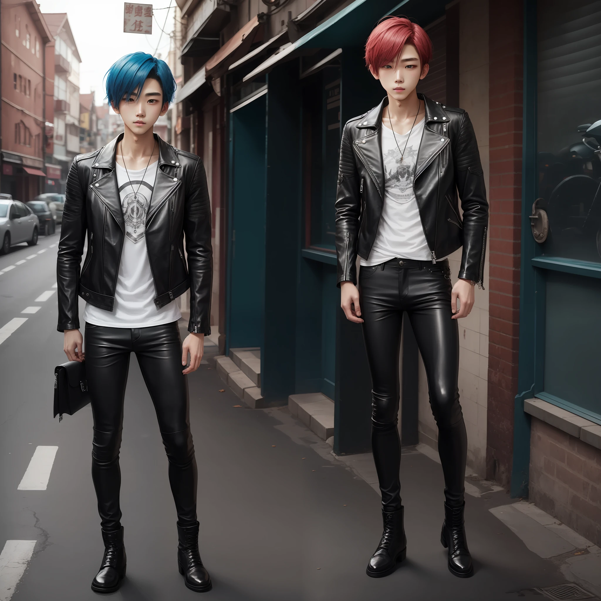 Beautiful boy、19 years、Height 186cm、fullllbody、front facing、Visual kei、Short Leather Riders Jacket、Skinny Leather Pants、Charai --auto