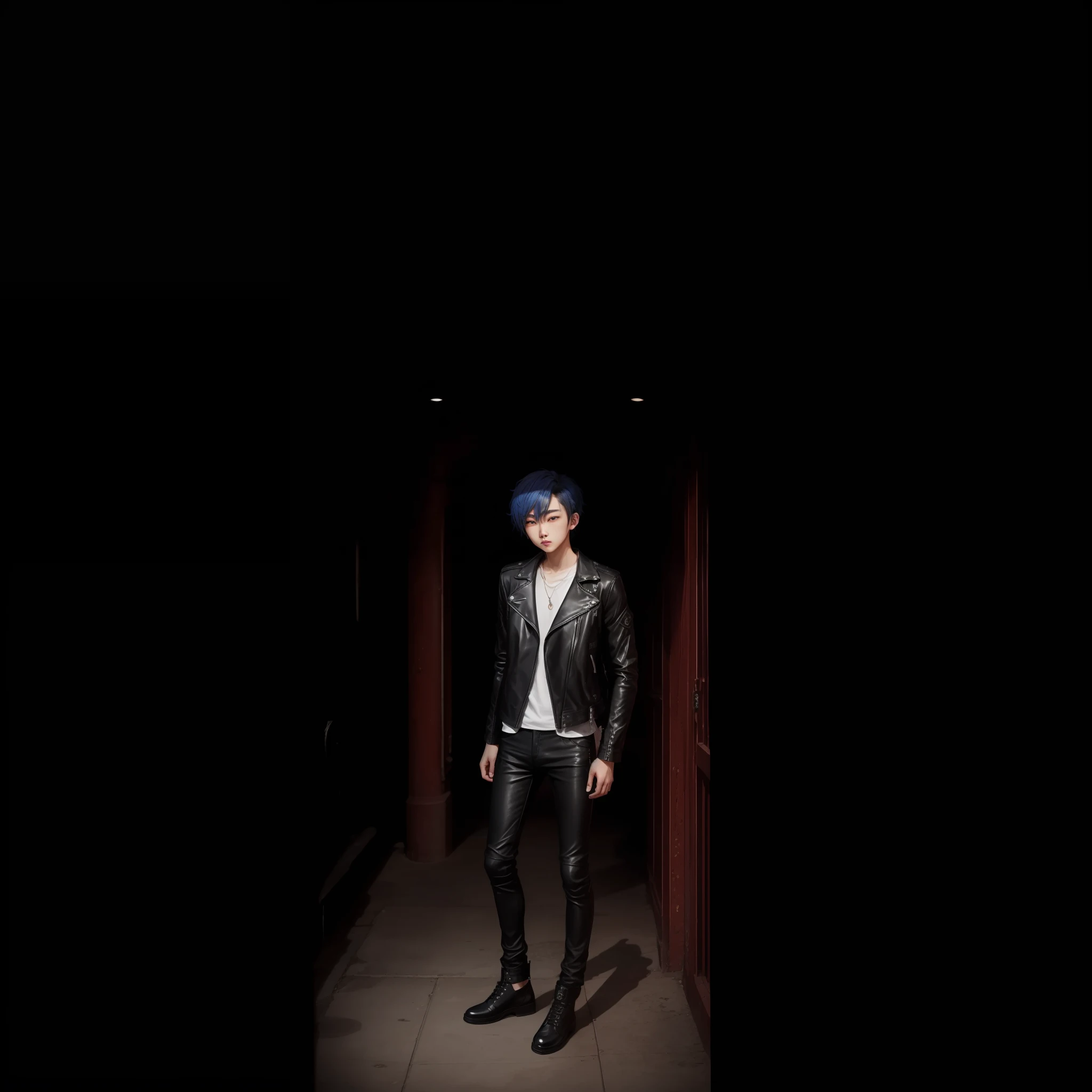 Beautiful boy、19 years、Height 186cm、fullllbody、front facing、Visual kei、Short Leather Riders Jacket、Skinny Leather Pants、Charai --auto
