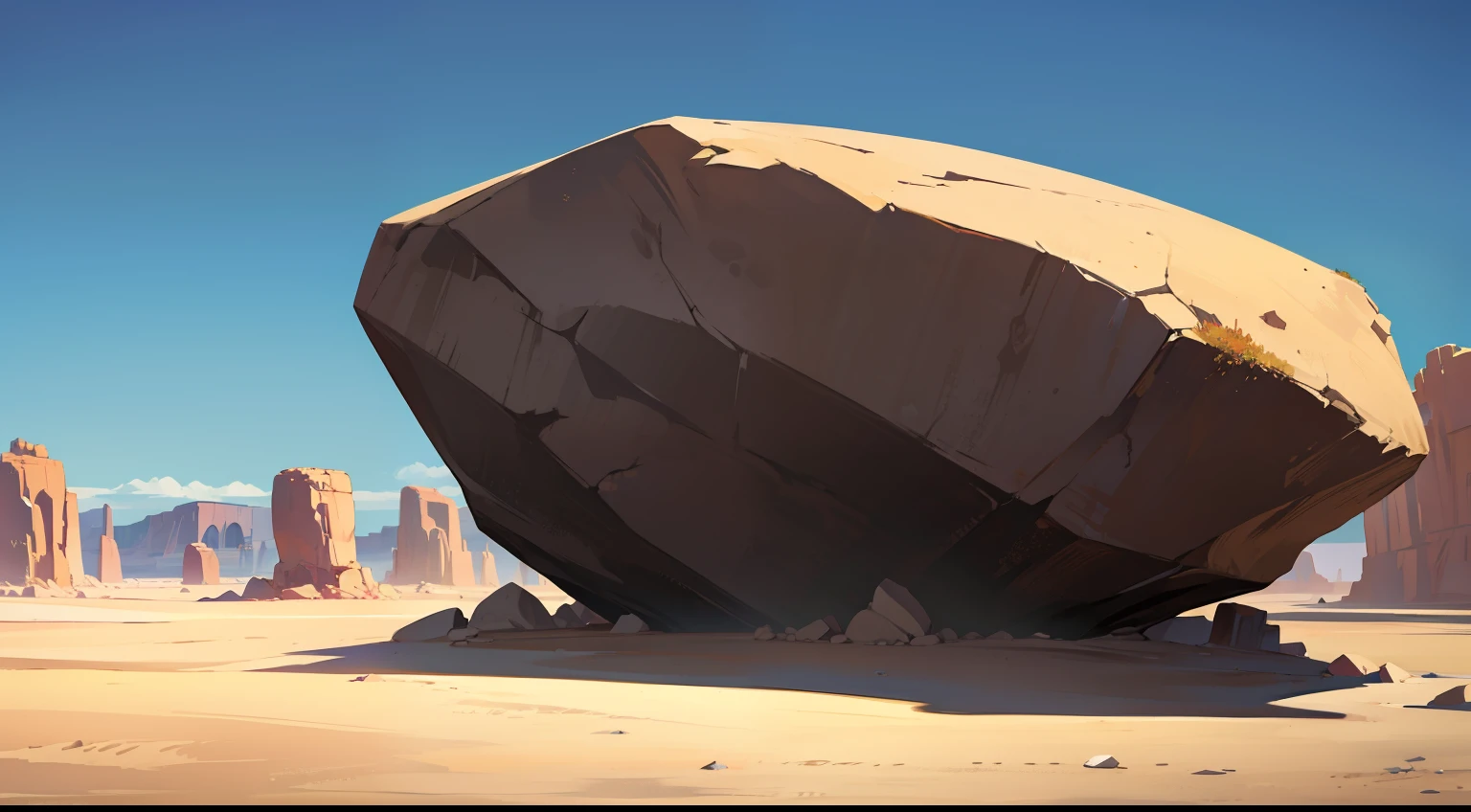 A desert landscape with a rock formation in the background,