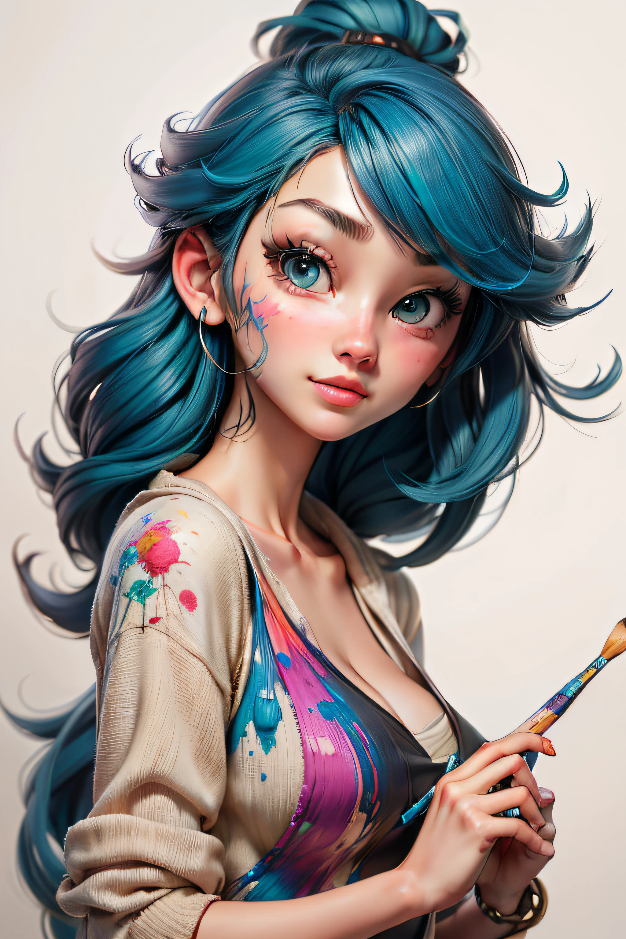 Draw an attractive woman。She has an artistic charm、I hold a paintbrush in my hand。 In addition、Her paint is out of control.、Her face and hands are complemented by colorful paint.！