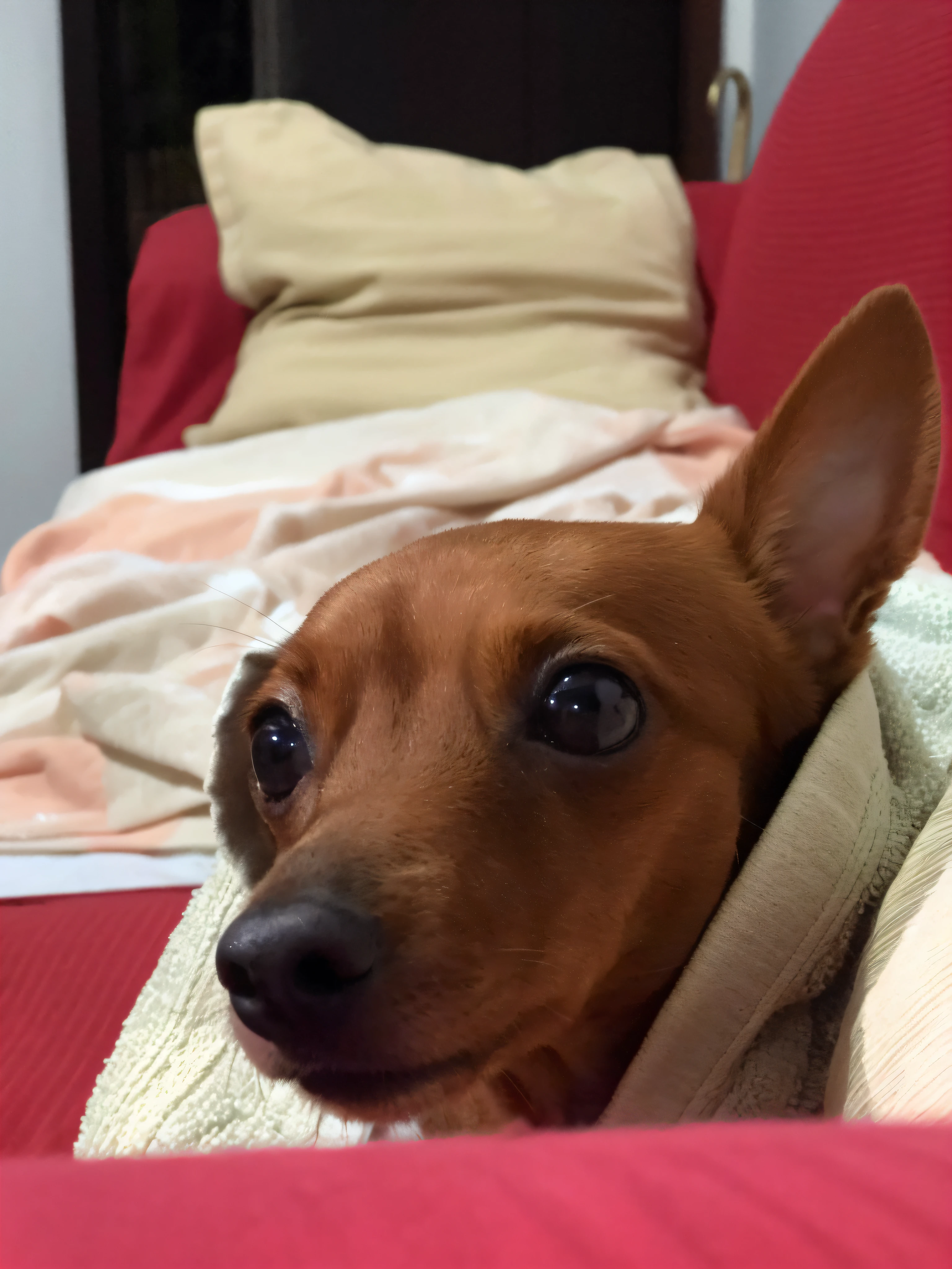 there is a dog that is laying down on a bed, Pinscher Breed ,  Dachshund, com olhos bonitos,  selfie of a dog, staring at the camera, is looking at the camera, aw, looks into the camera, Absorto em pensamentos