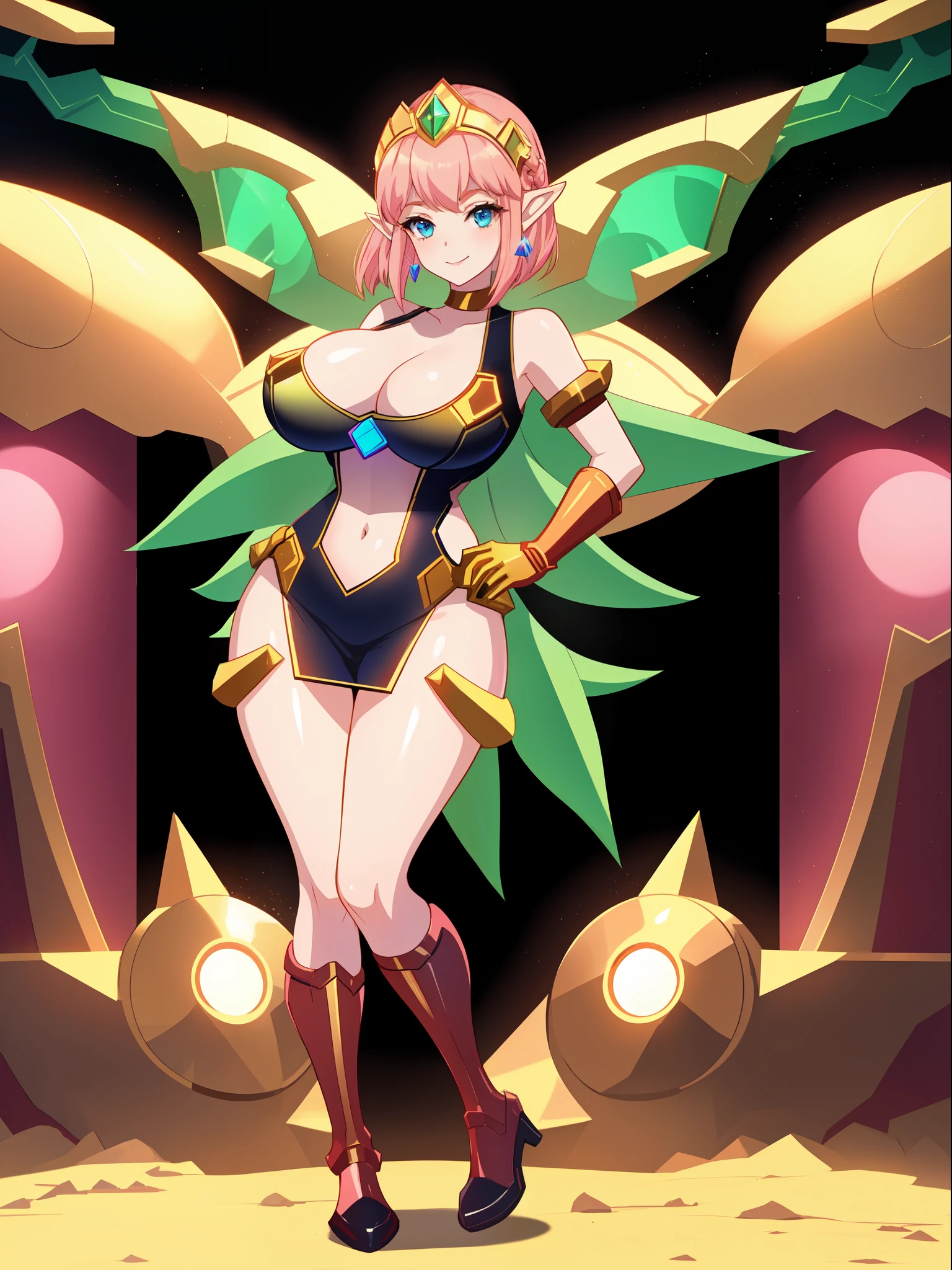 ((full body):1.5), {((Princess Zelda only))}, {((wearing black hair with gold metallic parts)), (((she has very short pink hair, blue eyes))), ((has extremely gigantic breasts)), is looking at the viewer, smiling, ((doing erotic poses)), ((alien spaceship, mutant monsters, futuristic machines, people of different ethnicities))},16k, ultra quality, ultra detailed, maximum resolution, best sharpness, (((Super Metroid))),TinkerWaifu,cartoon ,anime