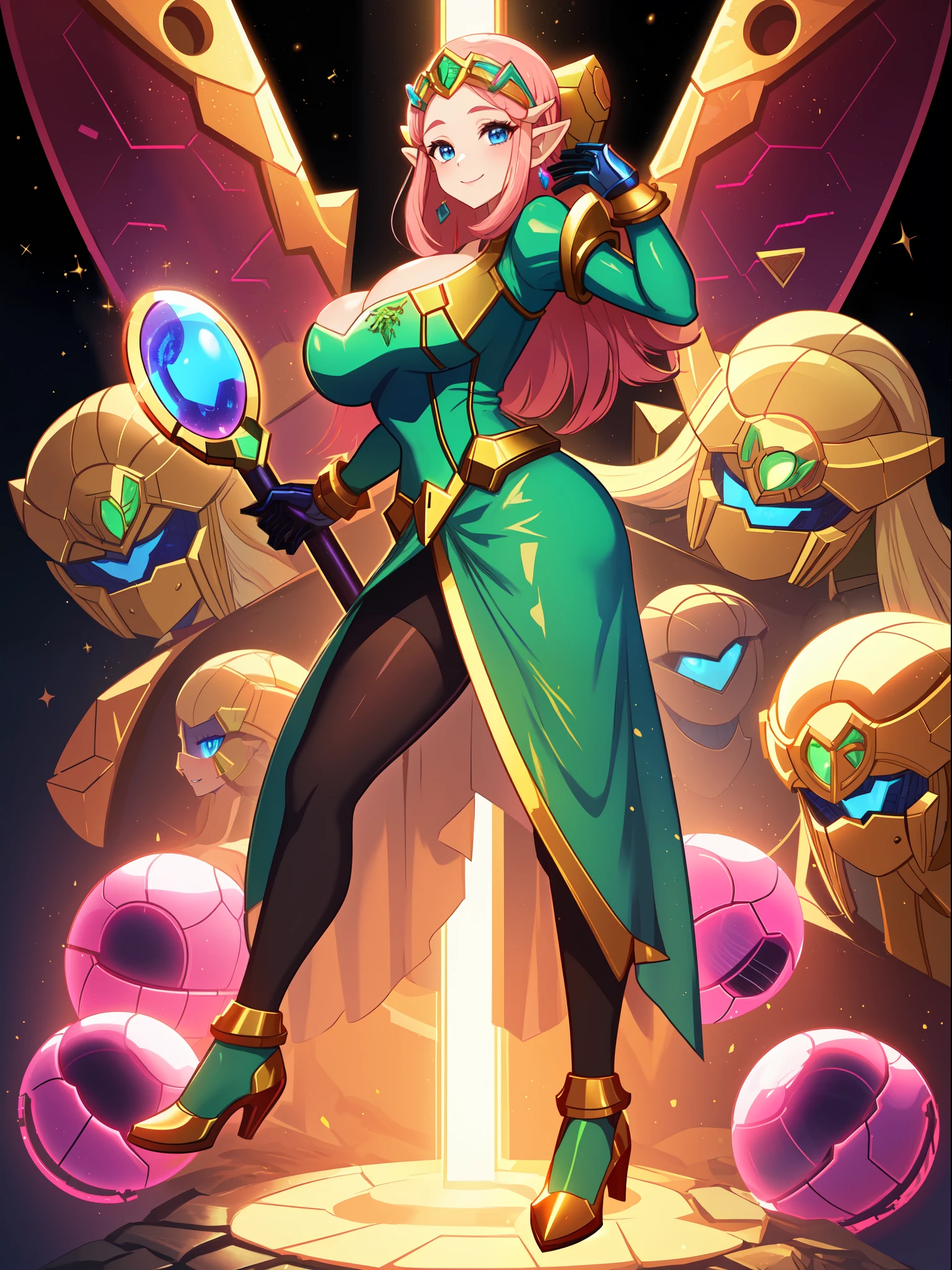 ((full body):1.5), {((Princess Zelda only))}, {((wearing black hair with gold metallic parts)), (((she has very short pink hair, blue eyes))), ((has extremely gigantic breasts)), is looking at the viewer, smiling, ((doing erotic poses)), ((alien spaceship, mutant monsters, futuristic machines, people of different ethnicities))},16k, ultra quality, ultra detailed, maximum resolution, best sharpness, (((Super Metroid))),TinkerWaifu,cartoon ,anime